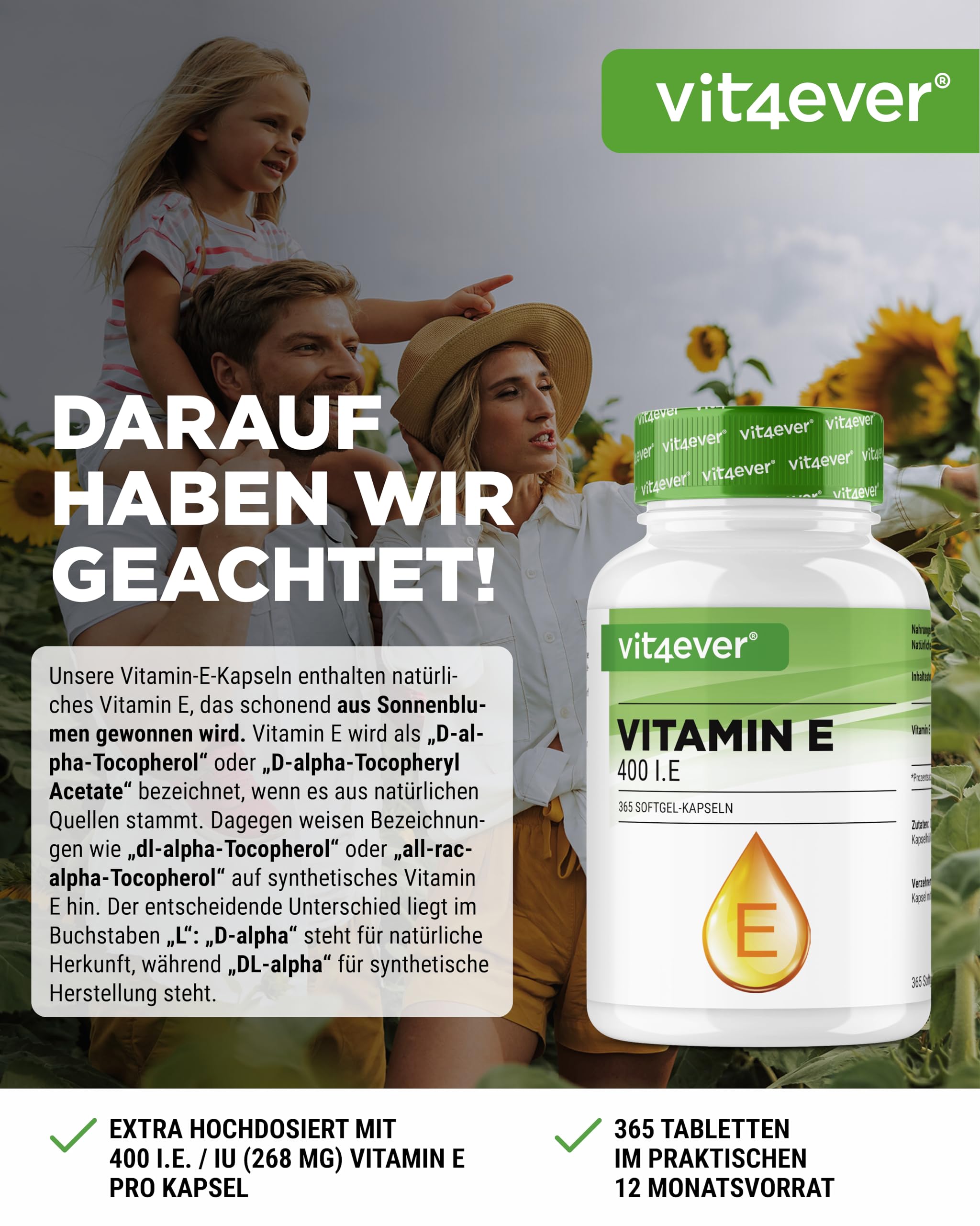 vit4ever Vitamin E 400 I.E. natürlich - 365 Softgel Kapseln - Premium: Natürliches Vitamin E aus Sonnenblumen - 12 Monatsvorrat - Hochdosiert