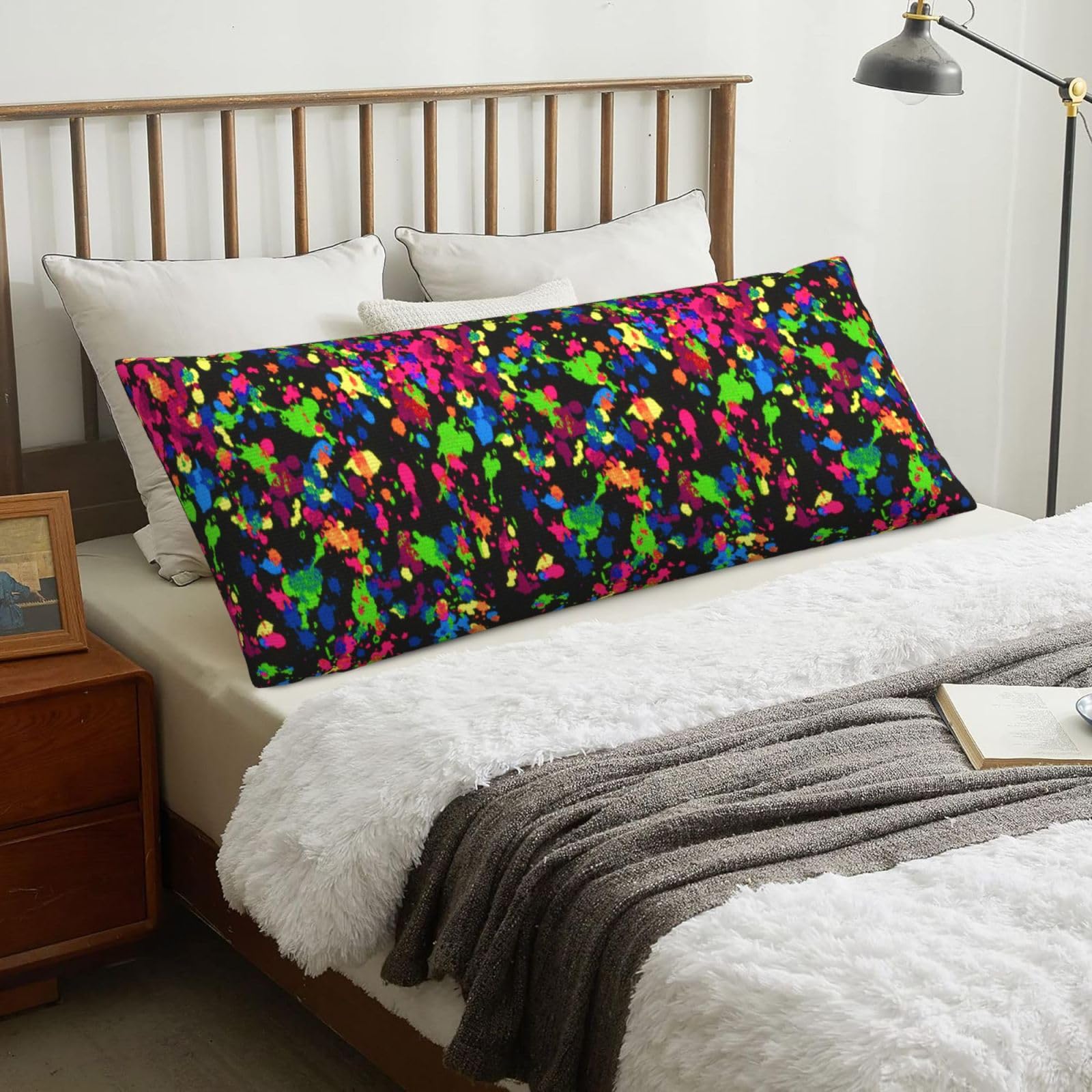 Rainbow Of Neon Paint Splatters, Body Pillow Cover with Zipper,Long Body Pillowcase 20 x 60 in