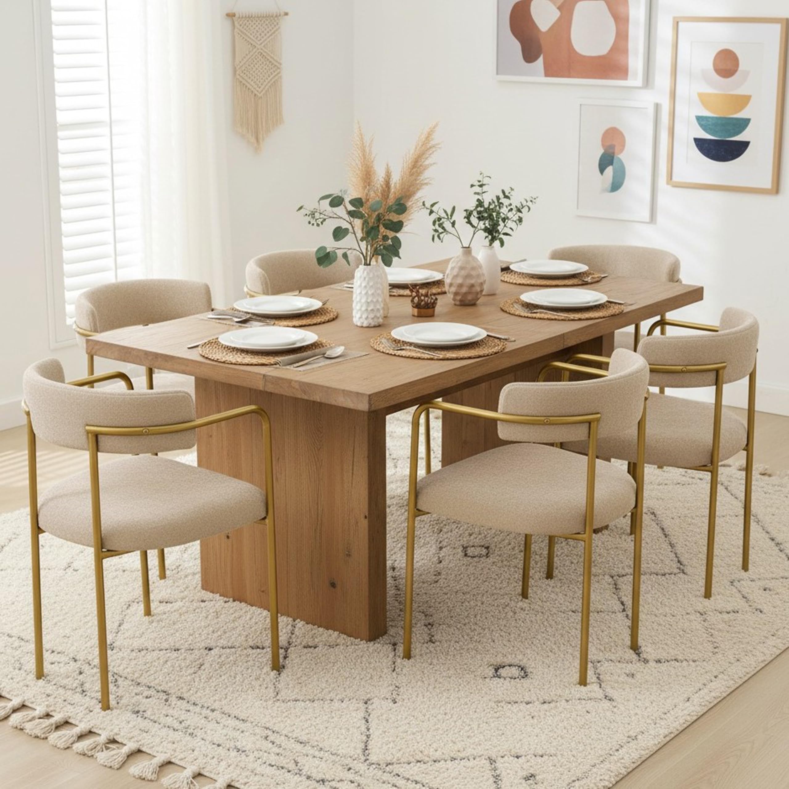 Arvasslia Boucle Dining Chairs Set of 6 with Arms, Mid Century Modern Upholstered Dining Chairs for Kitchen & Dining Room, Curved Backrest, Gold Metal