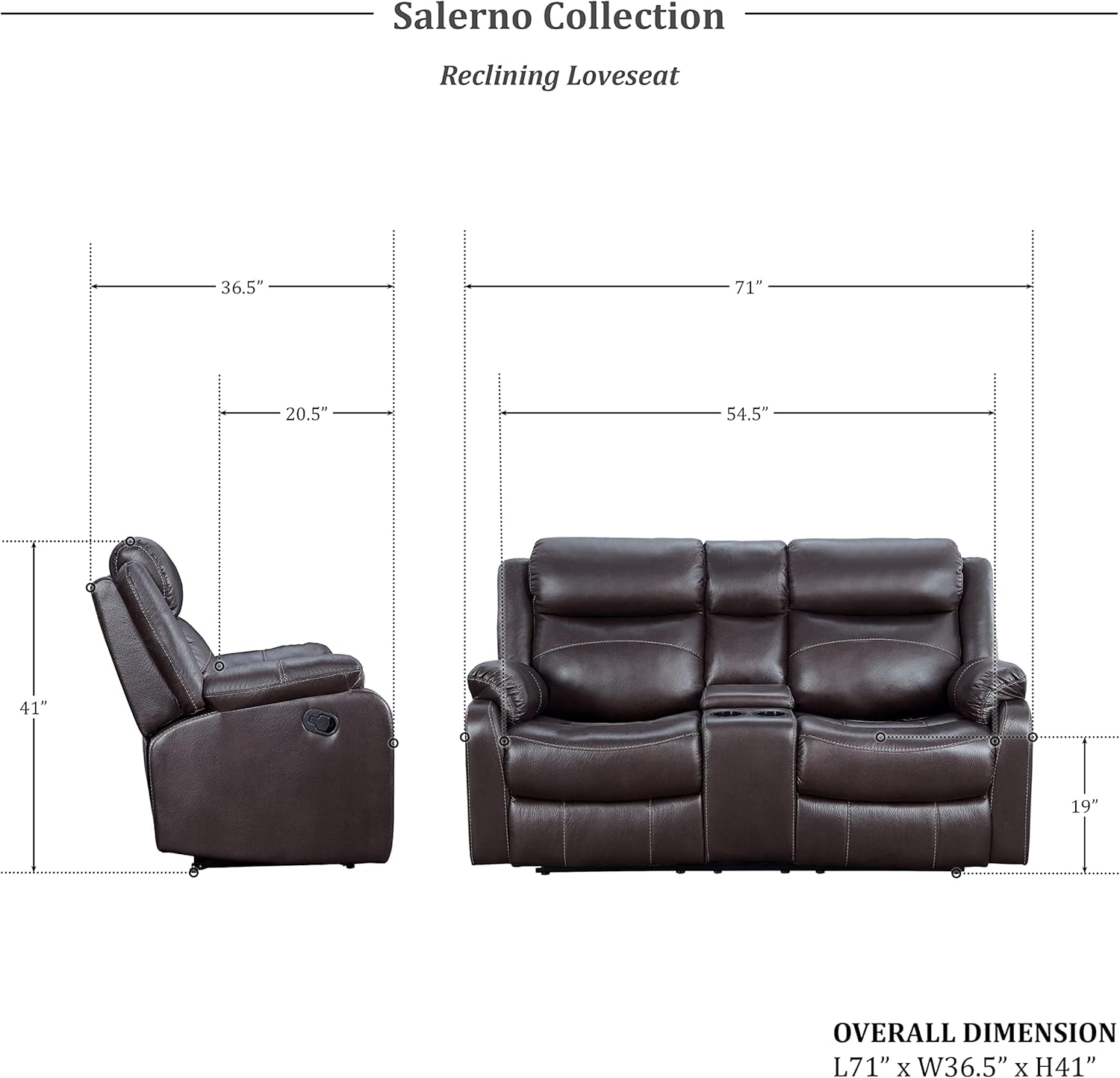 Diagram showing dimensions of the Salerno Reclining Loveseat