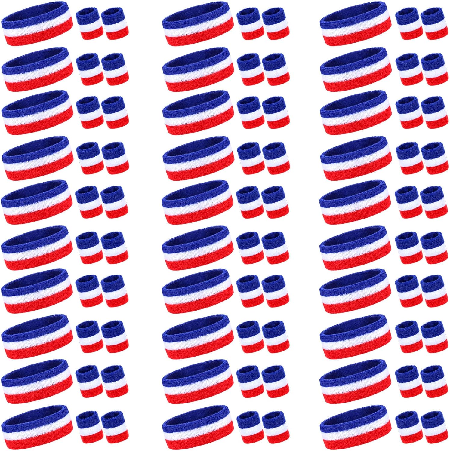 90 Pcs Striped Absorbent Red White Blue Sweatband Bulk Include 30 Sweat Absorbing Striped Headband and 60 Athletic Wristbands Wrist Sweatband for Men Women Gym Sports Workout Running Tennis Basketball