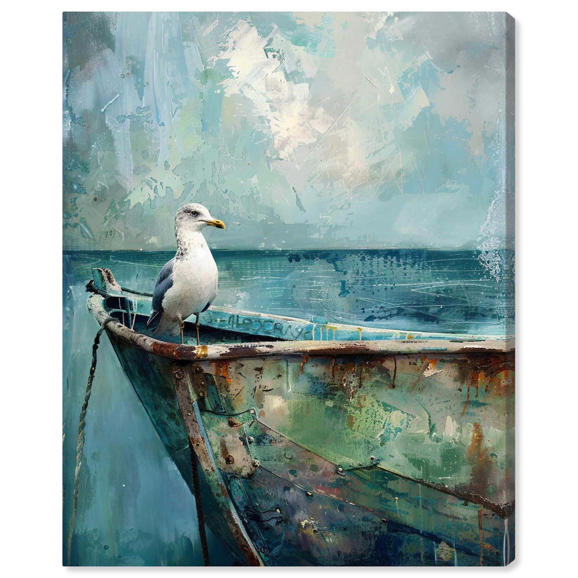 Photo 1 of Art Remedy Seagull And Boat Canvas Coastal Wall Art, Gallery Wrapped, 36" x 45"
