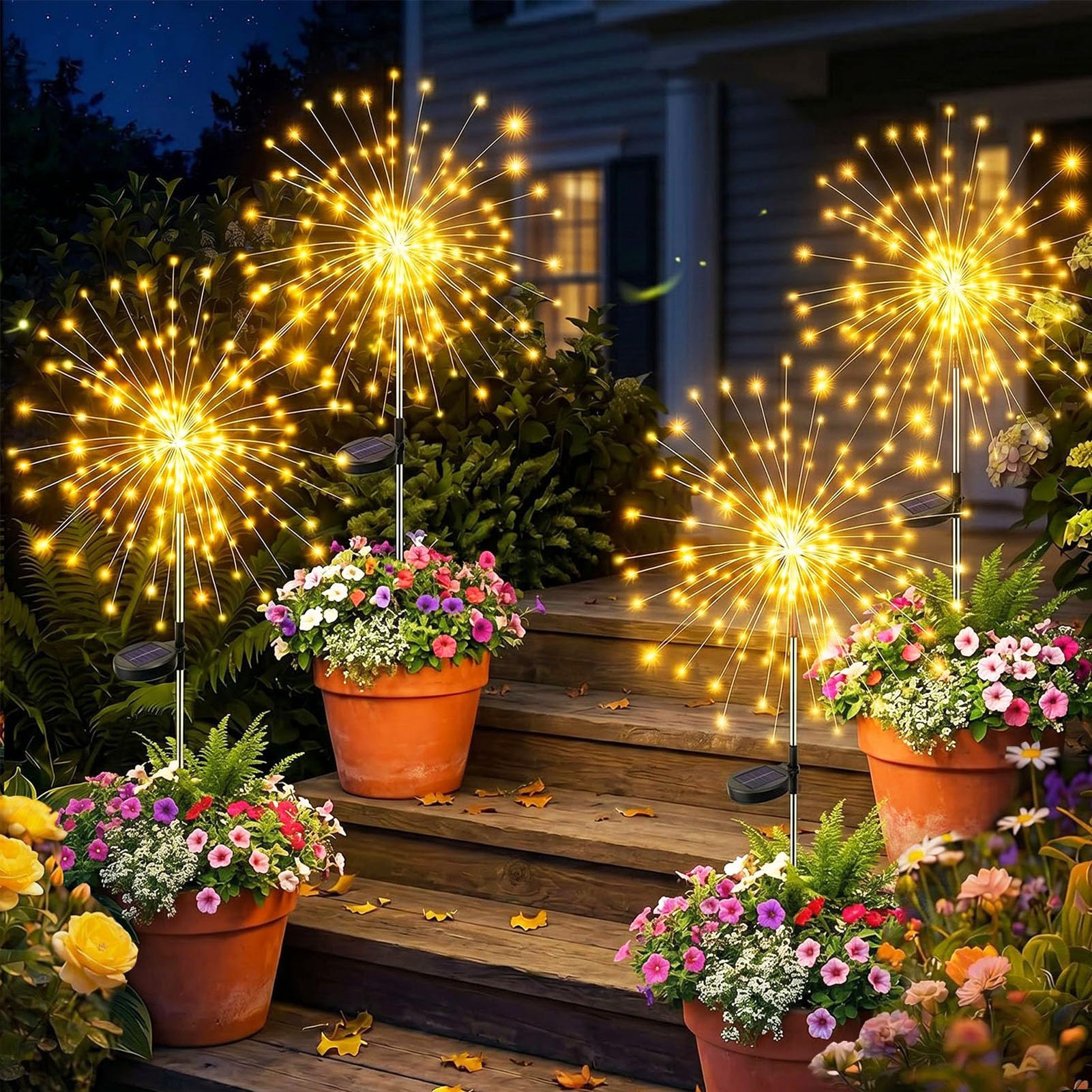 yowin Firework Solar Lights Outdoor Garden 4 Pack 120 LED Solar Garden Lights, 8 Modes Starburst Light Waterproof Copper Wire Dandelion Outdoor Stake Light for Pathway Patio Yard Lawn - Warm White