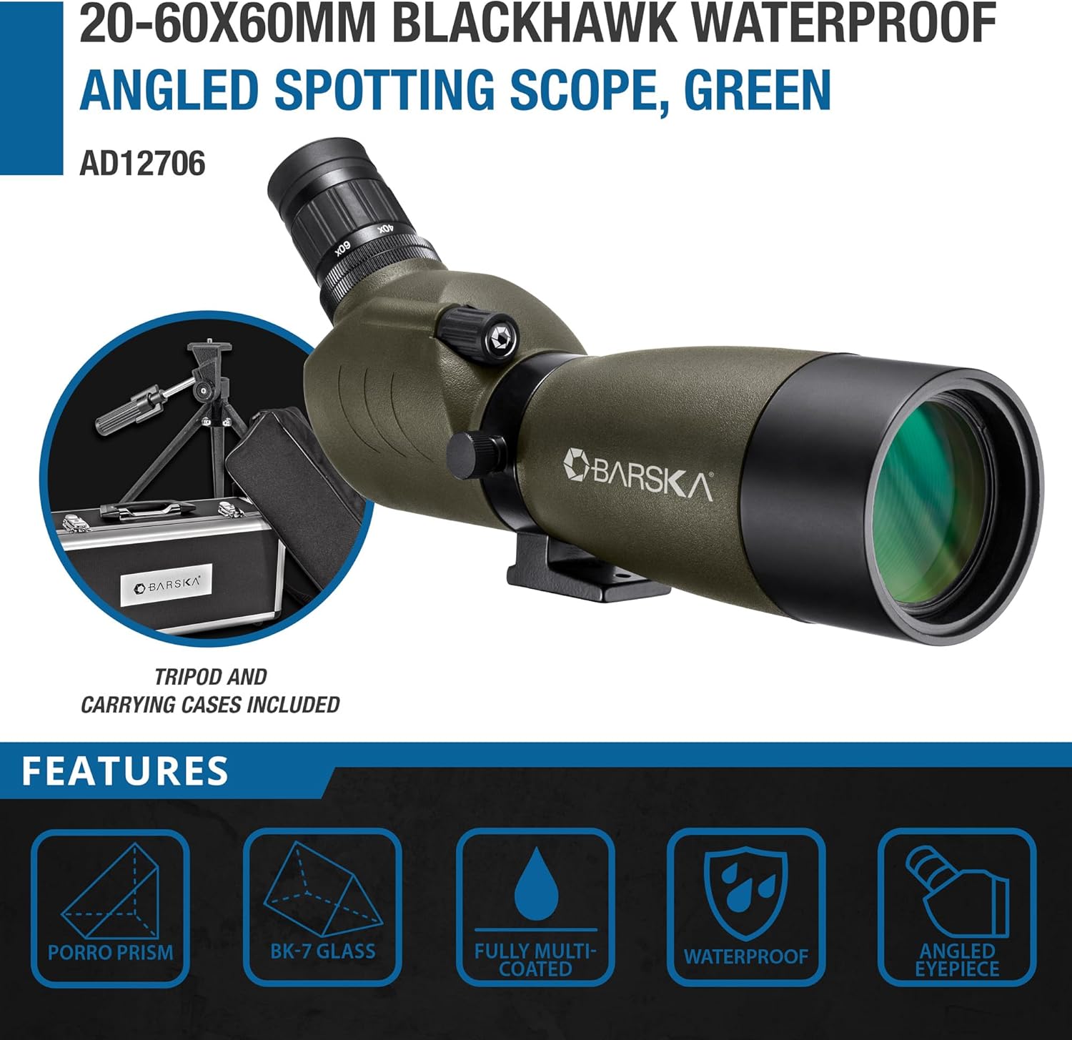 20-60x60 Blackhawk Spotting Scope, Green, Angled