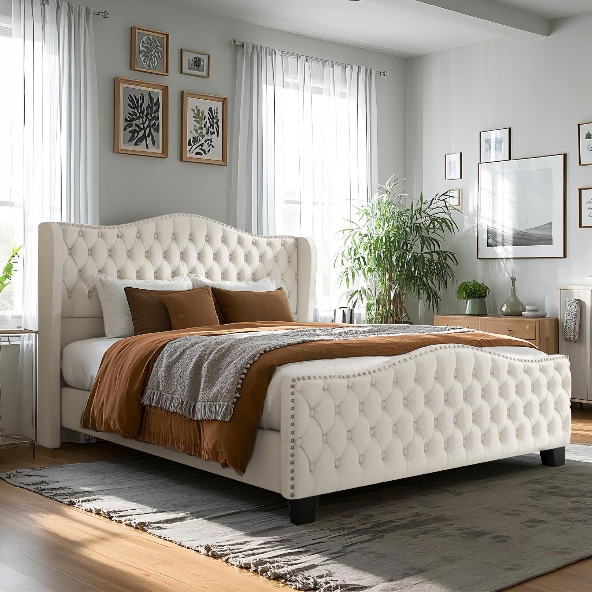 king size bed frame with tall 51.2" wingback headboard, luxury platform bed with velvet upholstered footboard, deep button tufted, nailhead trim, no box spring needed, easy assembly, cream