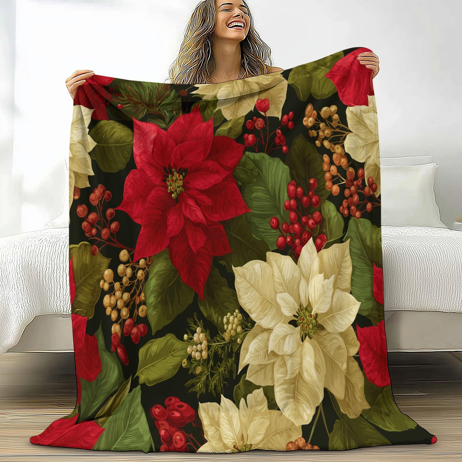 Estilo Retro Manta Estampada de Franela 180 x 220 cm, cálida y Suave Planta Flores Navideñas Manta Decorativa para Invierno Cama sofá y Sala de Estar