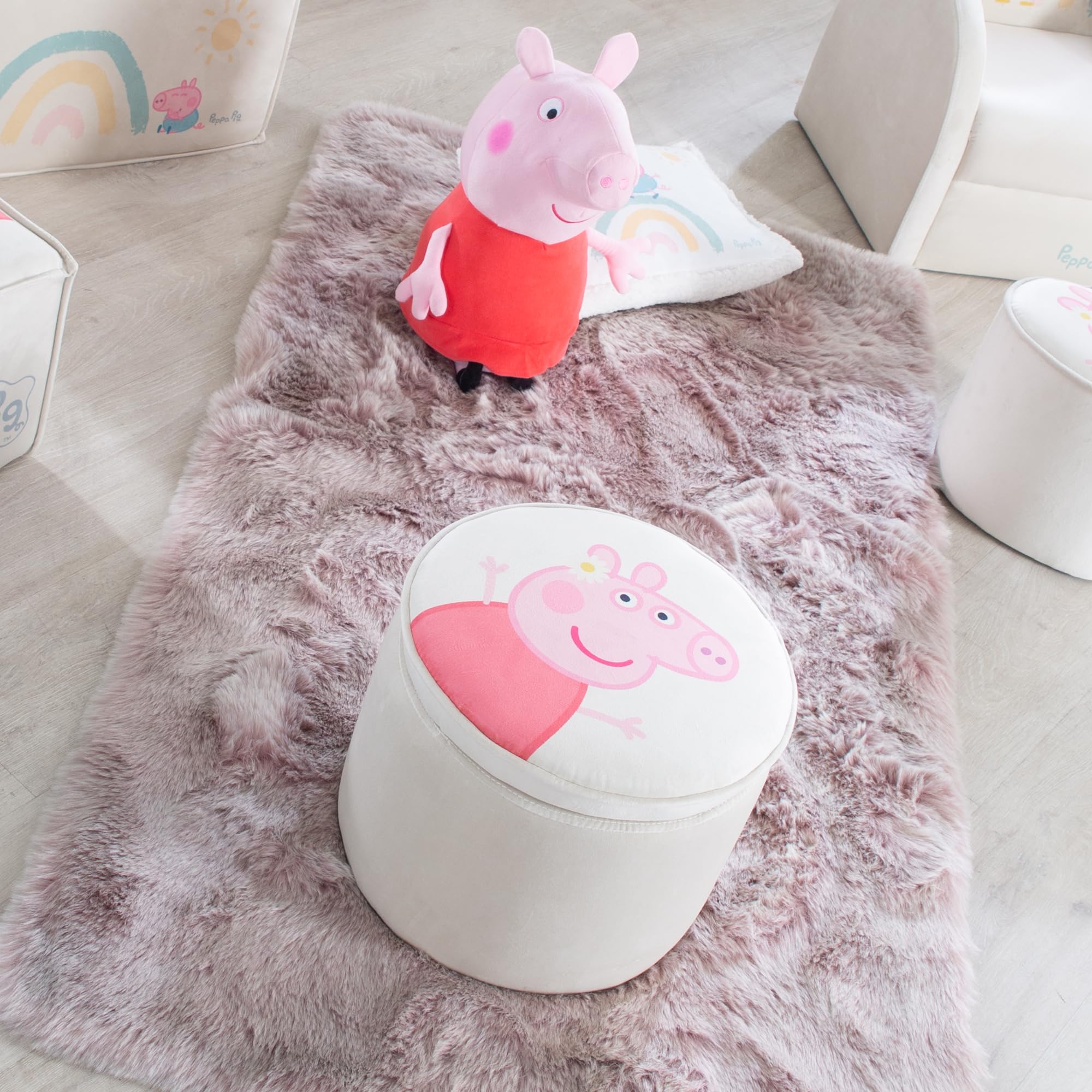 roba Pouf Coffre Bébé Rond Peppa Pig en Velours - Boîte de Rangement pour Enfant dès 18 Mois - Couvercle Amovible - Repose-Pieds Rembourré - Nettoyage Facile - Beige / Motif Truie