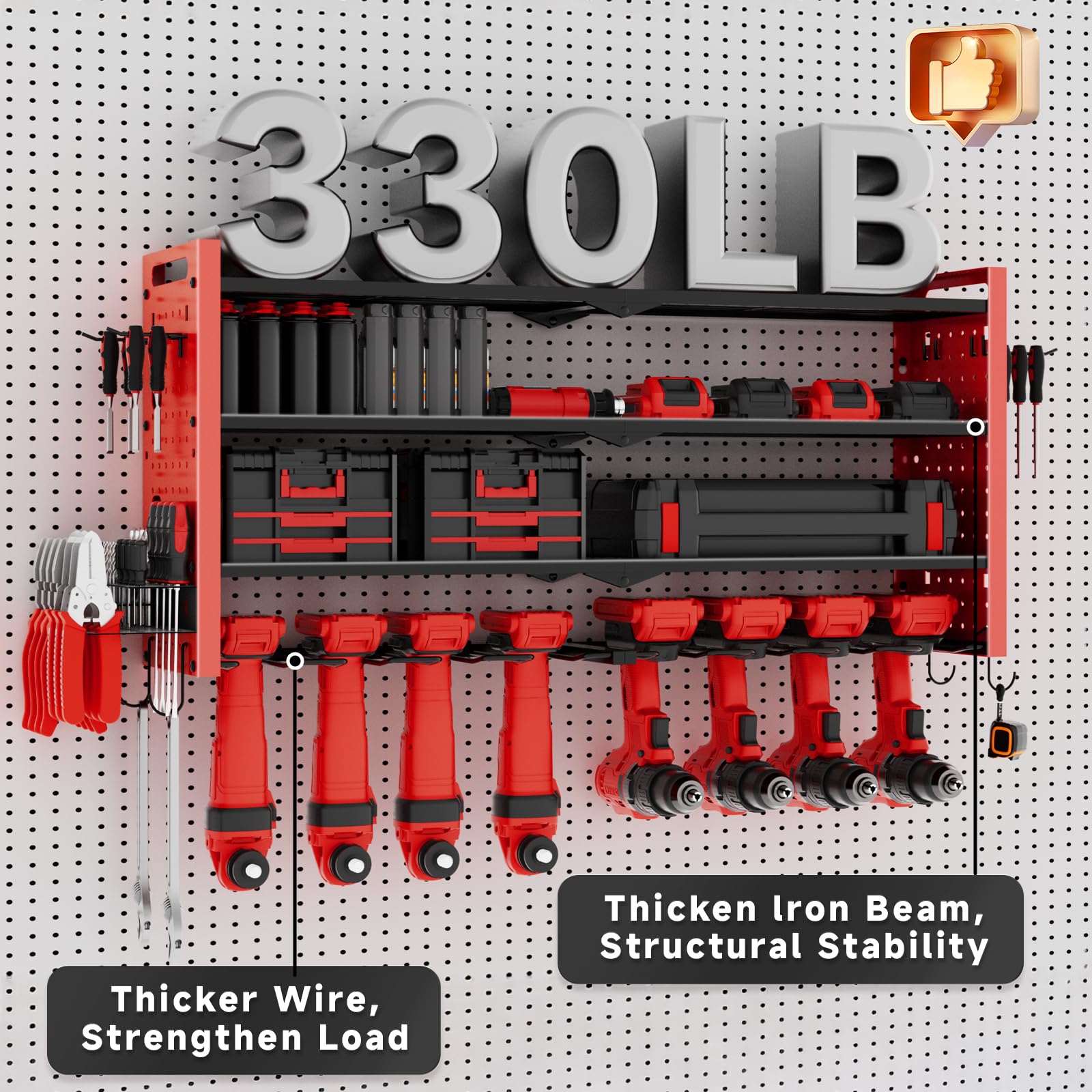 Support mural pour outils à 3 niveaux - Pour 8 outils électriques - Parfait pour les garages et les ateliers (81 x 42 x 20 cm)