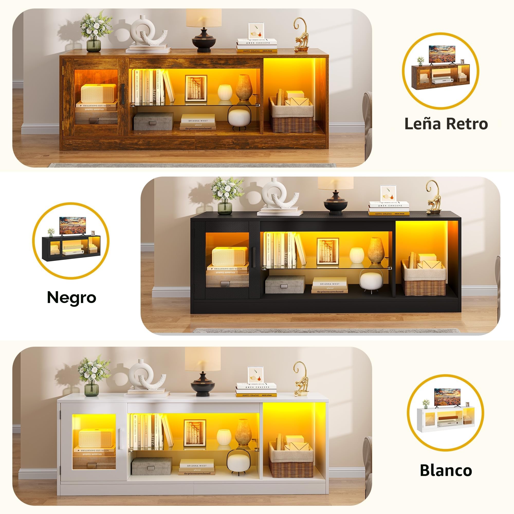 DWVO 148 cm Mueble de TV con Iluminación LED RGB 22 Modos para Televisores hasta 65 Pulgadas Mueble de Salón con Estantes de Cristal Regulables Ideal para Sala de Estar y Dormitorio