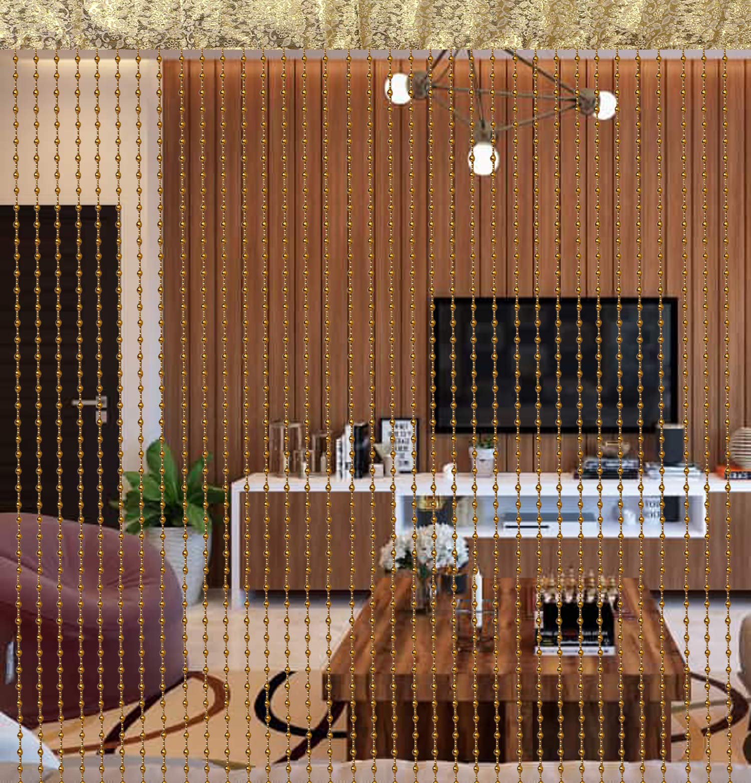 Kuber Industries Plastic Solid Bead Fancy Sparkling Door Window Shear Rod Thread Sheer Hanging String Curtain (CTKTC045871, Gold, 7 x 4 ft),Rod Pocket Curtains