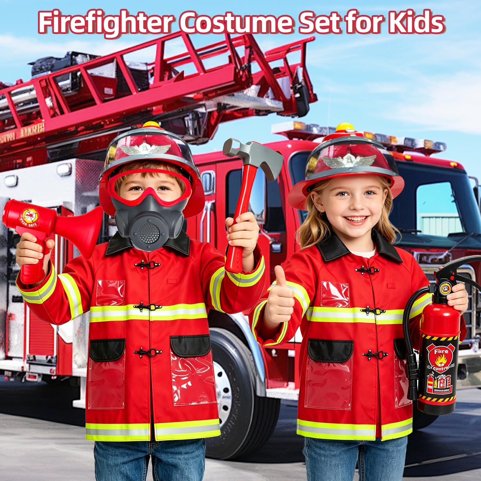 RedCarb Costume Pompiere Bambino Vestito con Spruzzatore Accessori per Costumi da Vigile del Fuoco per Carnevale Halloween, 12 Pezzi