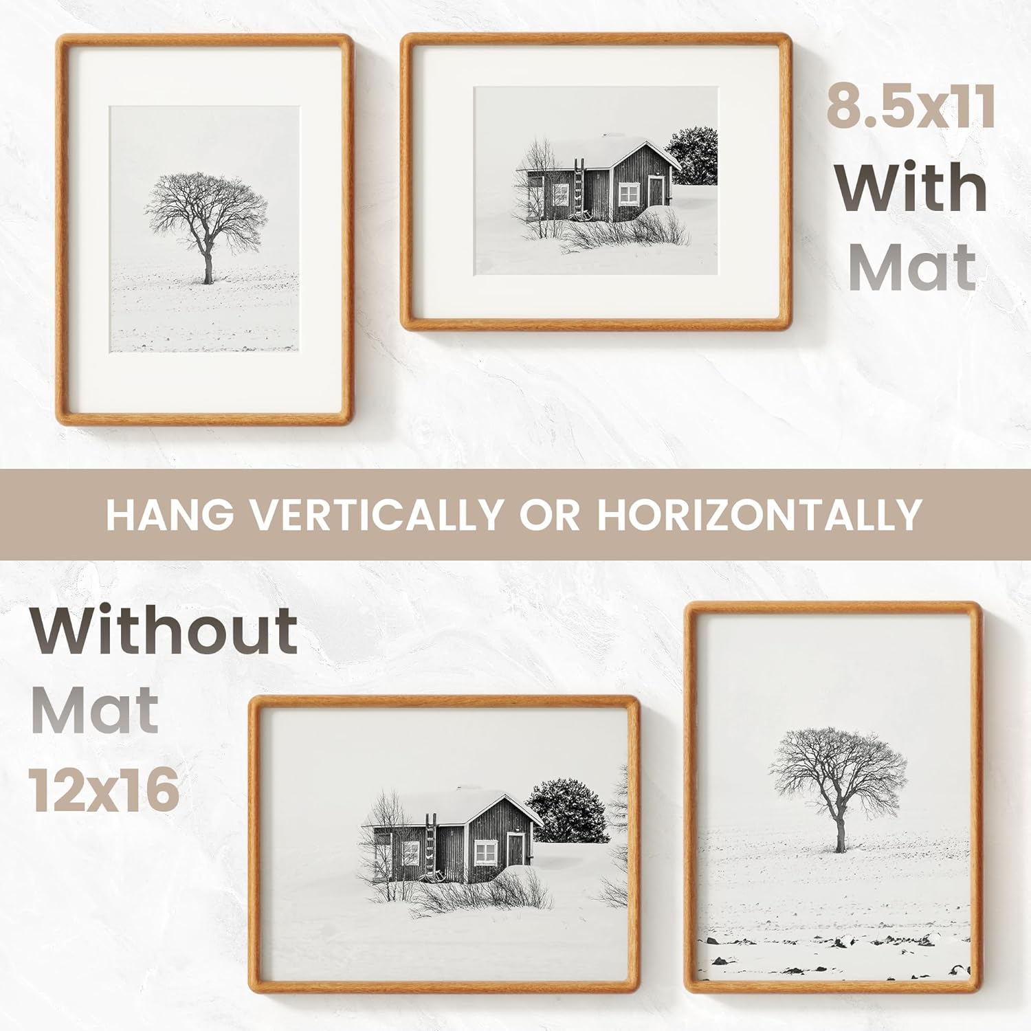 12x16 Picture Frame, USA-Sourced Natural Teak Wood Photo Frame with Tempered Glass, Handcrafted Rounded Corner 12 x 16 Frame Matted to 8.5x11 Photo, Horizontal or Vertical Wall Mounting