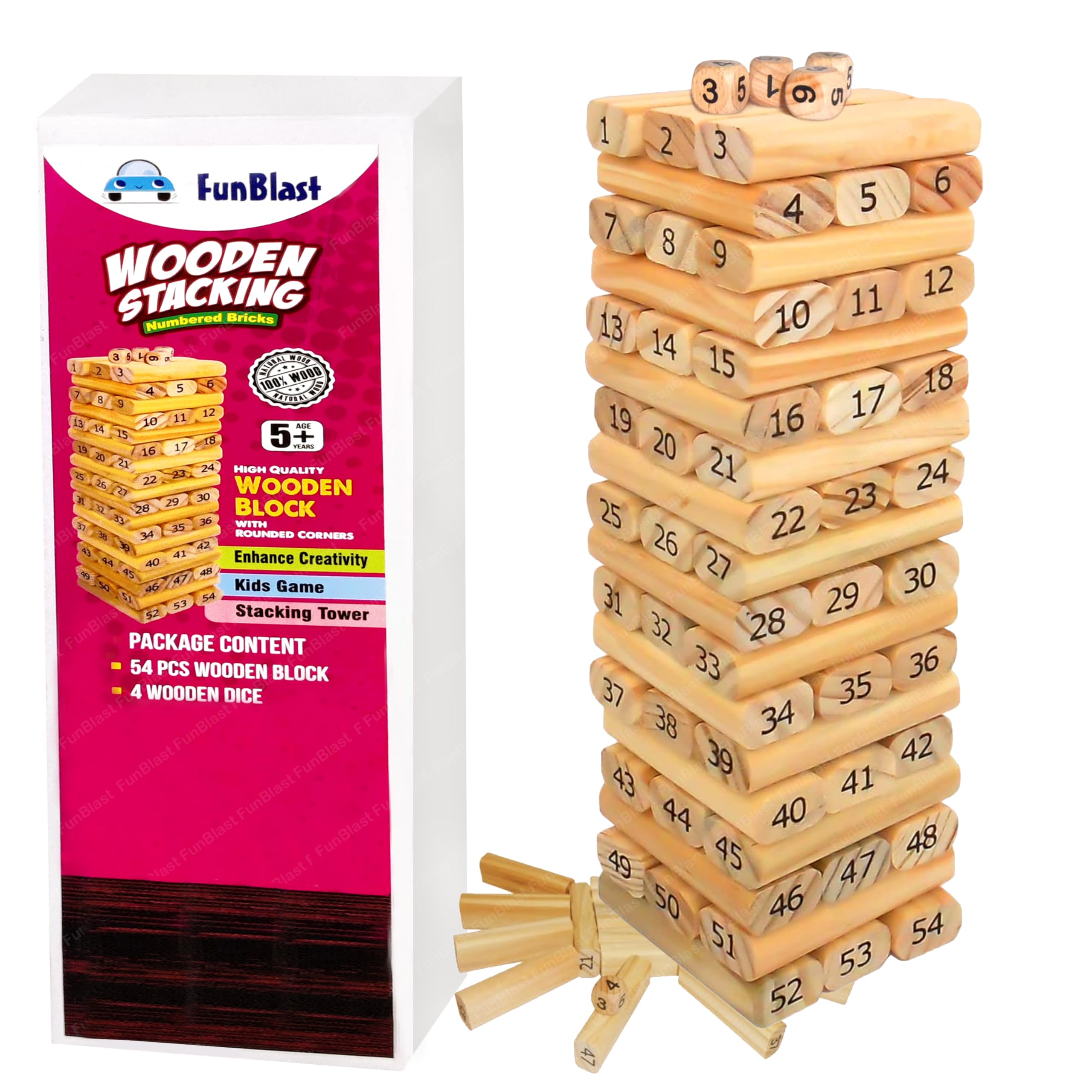 FunBlast Stacking Tower Block, Timber Wood Block Stacking Game, 54 Pcs Wooden Stacking Toys with Dices Board Educational Puzzle Game for Adults and Kids, Indoor Family Games for Kids & Adults (B0CSWQS6LW) Amazon Price History, Amazon Price Tracker