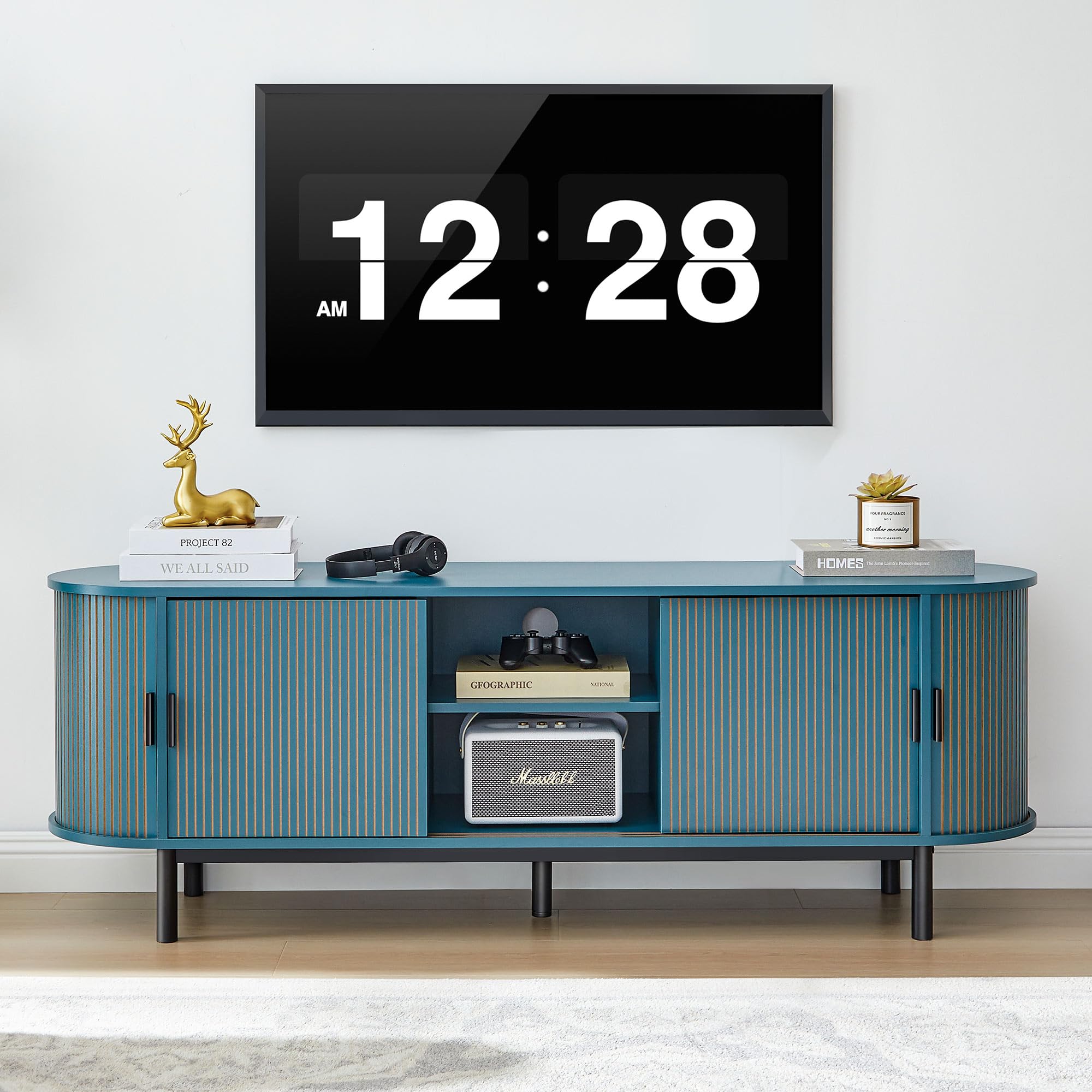 Janmer Home 63" Fluted TV Stand for 65/70 Inch TV, Mid Century Modern TV Console with Sliding Doors, Curved Gaming Entertainment Center, Media Console