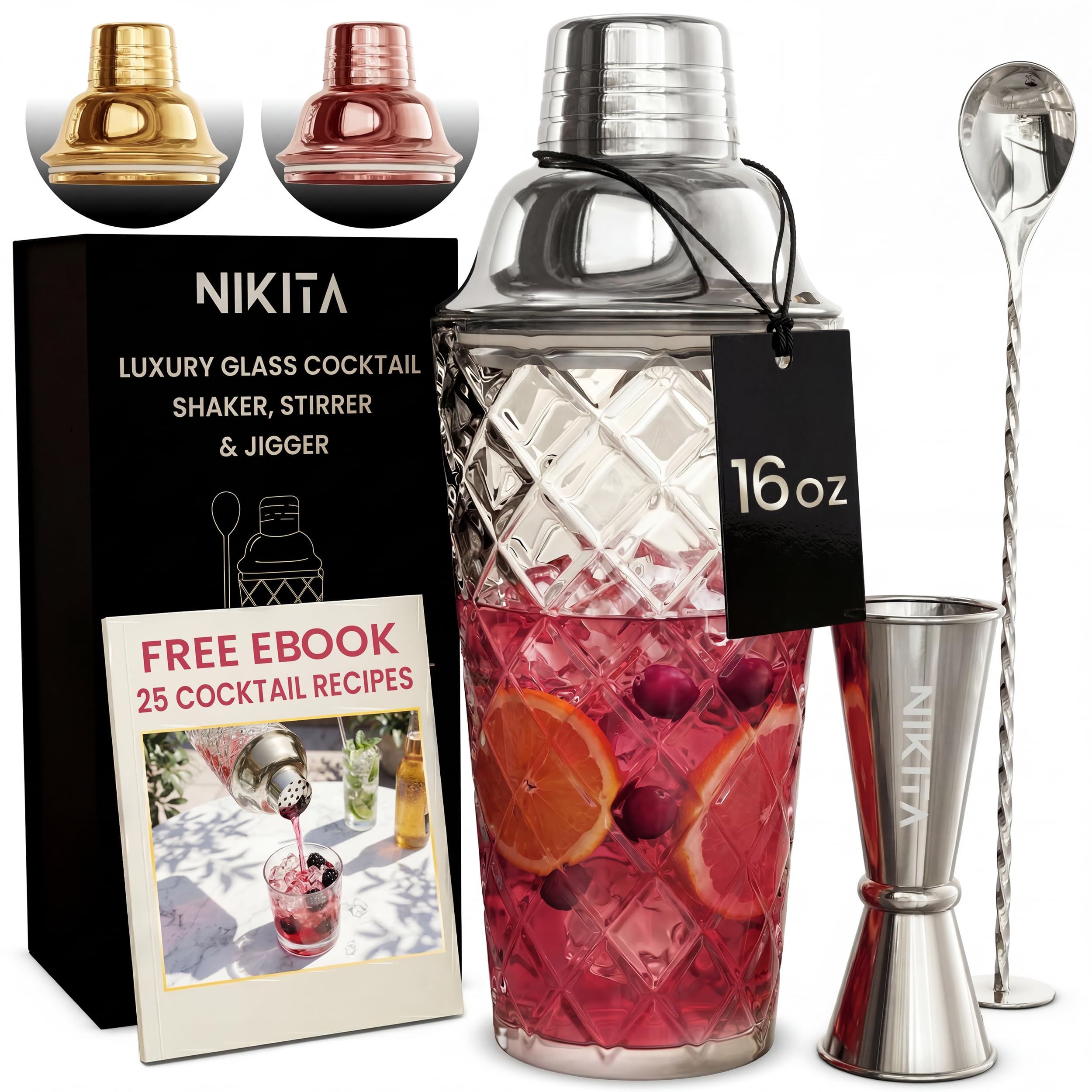 Silver Cocktail Shaker Glass Set - Glass Cocktail Shaker Set with Strainer - 5 Pieces - 450ml - Matching Measuring Jigger and Bar Spoon with Muddler - Martini Drink Shaker - Luxury Gift Box
