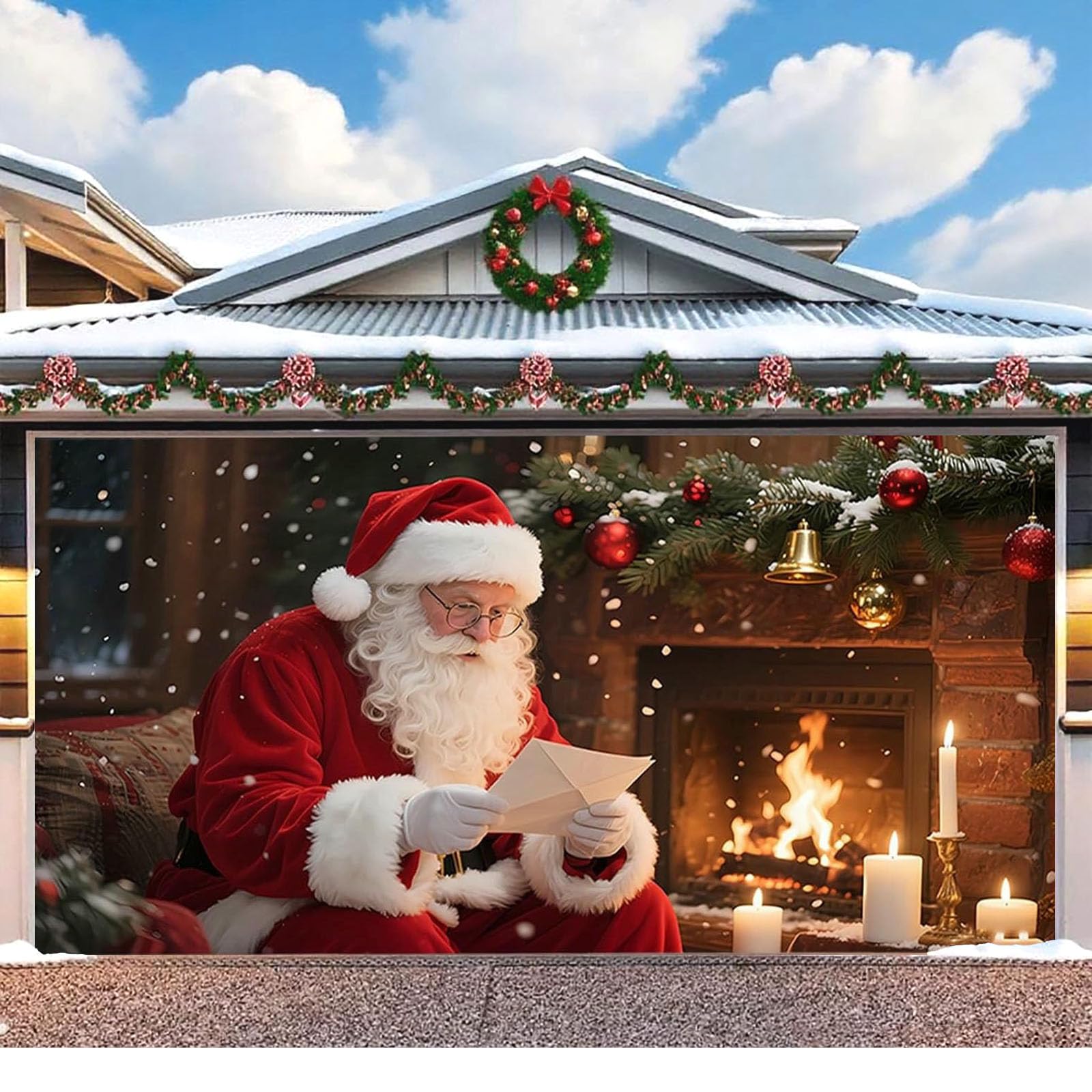 CulineformX Christmas Garage Door Decor, 16x7ft Outdoor Holiday Banner With Rope For Hanging, Xmas Snow Santa Scene For House Front Door, Yard, Party & Photo Backdrop