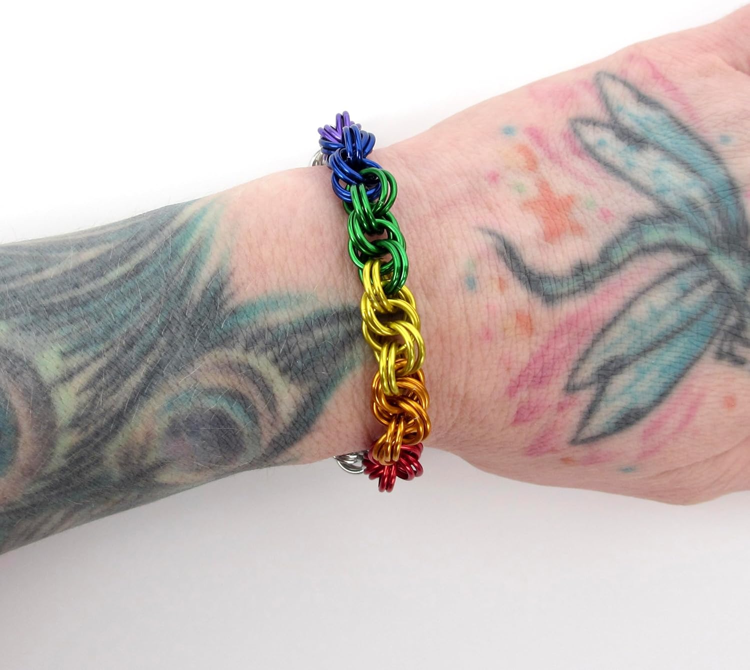 Handmade Rainbow Chainmail Double Spiral Bracelet – LGBTQ+ Pride Jewelry – Custom Length – Stainless Steel Lobster Claw Clasp