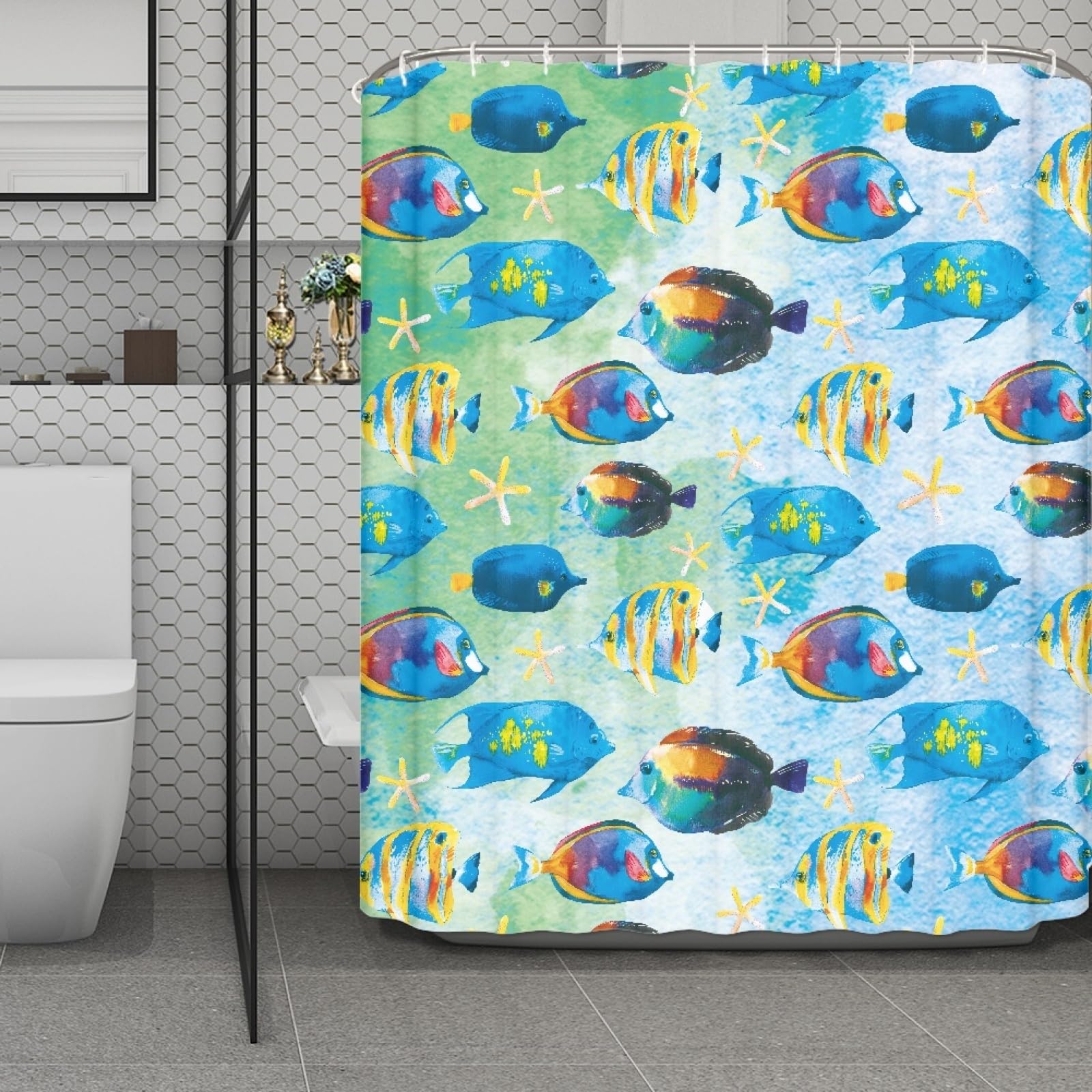 Rideau douche 180x220 poisson bleu lavable en tissu de salle de bain