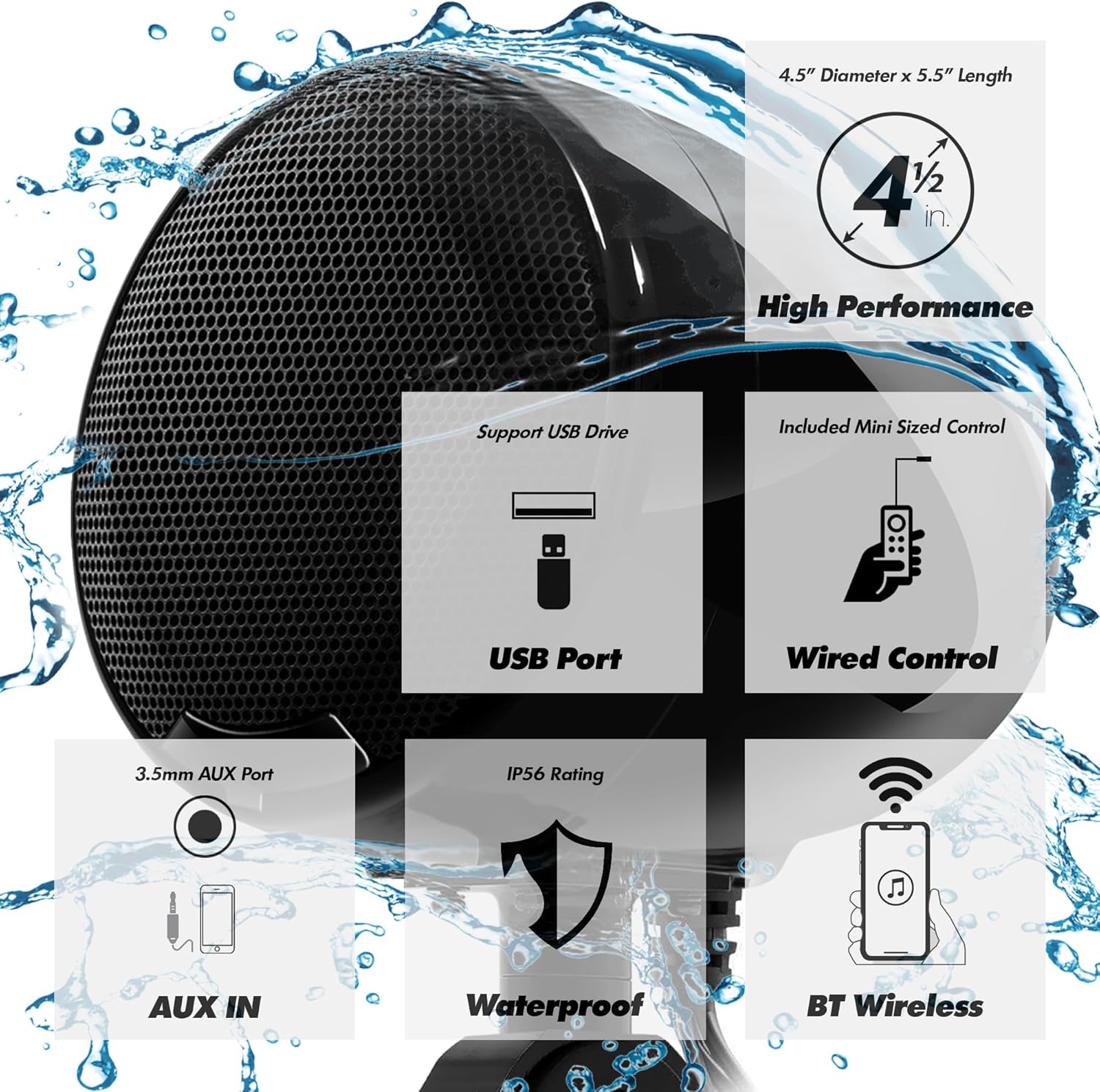 Bluetooth Motorcycle Speakers | 4.5" Waterproof Motorcycle Stereo System | Built-in Amplifier Audio Music Player w/USB AUX, Great for Harley Touring ATV Scooter 4-Wheeler, AN4-X Black - Image 2