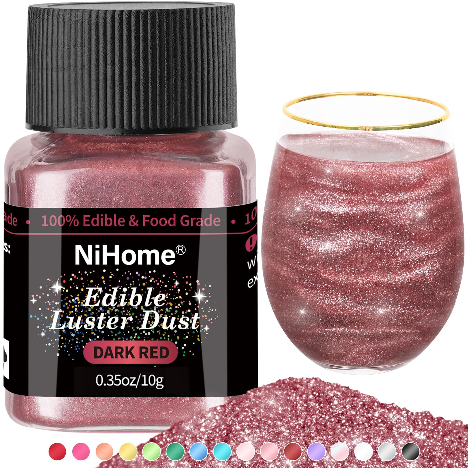 NiHome Edible Food-Grade Glitter Powder Glimmer Luster Dust Metallic Fancy Food Decorating Sprinkle Glimmery Dust for Drink Wine Beverage Cake Bakery Vegan Allergen-Free (Dark Red, 0.35oz/10g)