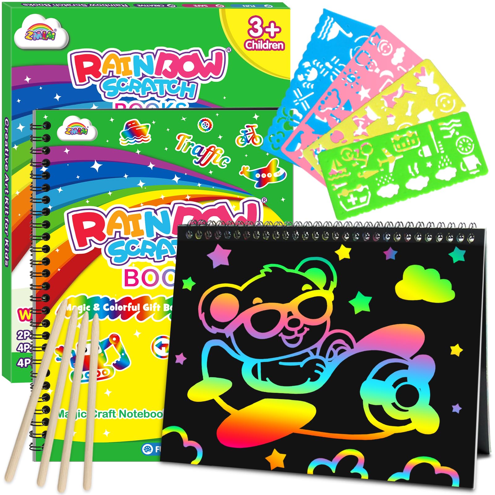 ZMLM Scratch Art for Kids, 2 Pack Large Rainbow Scratch Notebooks(Traffic)