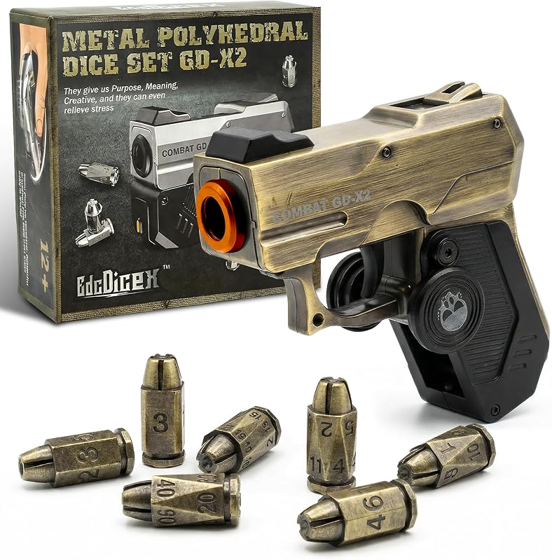 7 Piece Metal Polyhedral Bullet Dice Set with Shooting & Fidget Modes, Pistol Shaped Case & Bullet Dice for Cyberpunk Style Tabletop RPG Dice, Fidget Toy for Stress Relief (Golden)