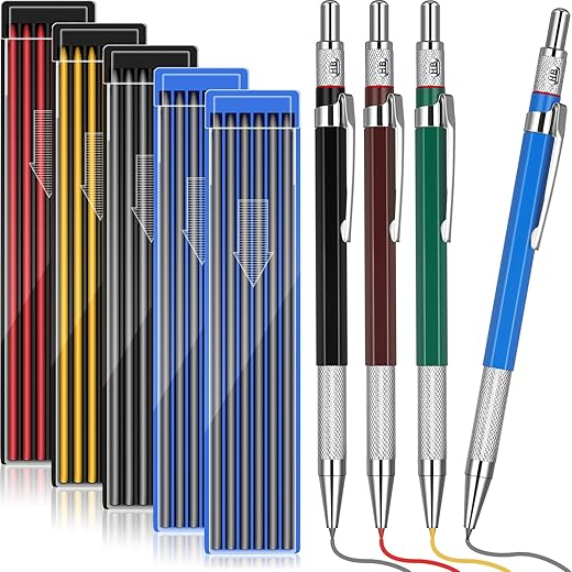Nezyo 4 Pieces Welder Pencil with 60 Pieces Round Refills Mechanical Pencil Metal Marker Pen for Construction Workers, Metal Work, Welders, Plumbers, Framers (Black, Red, Yellow, Silver)
