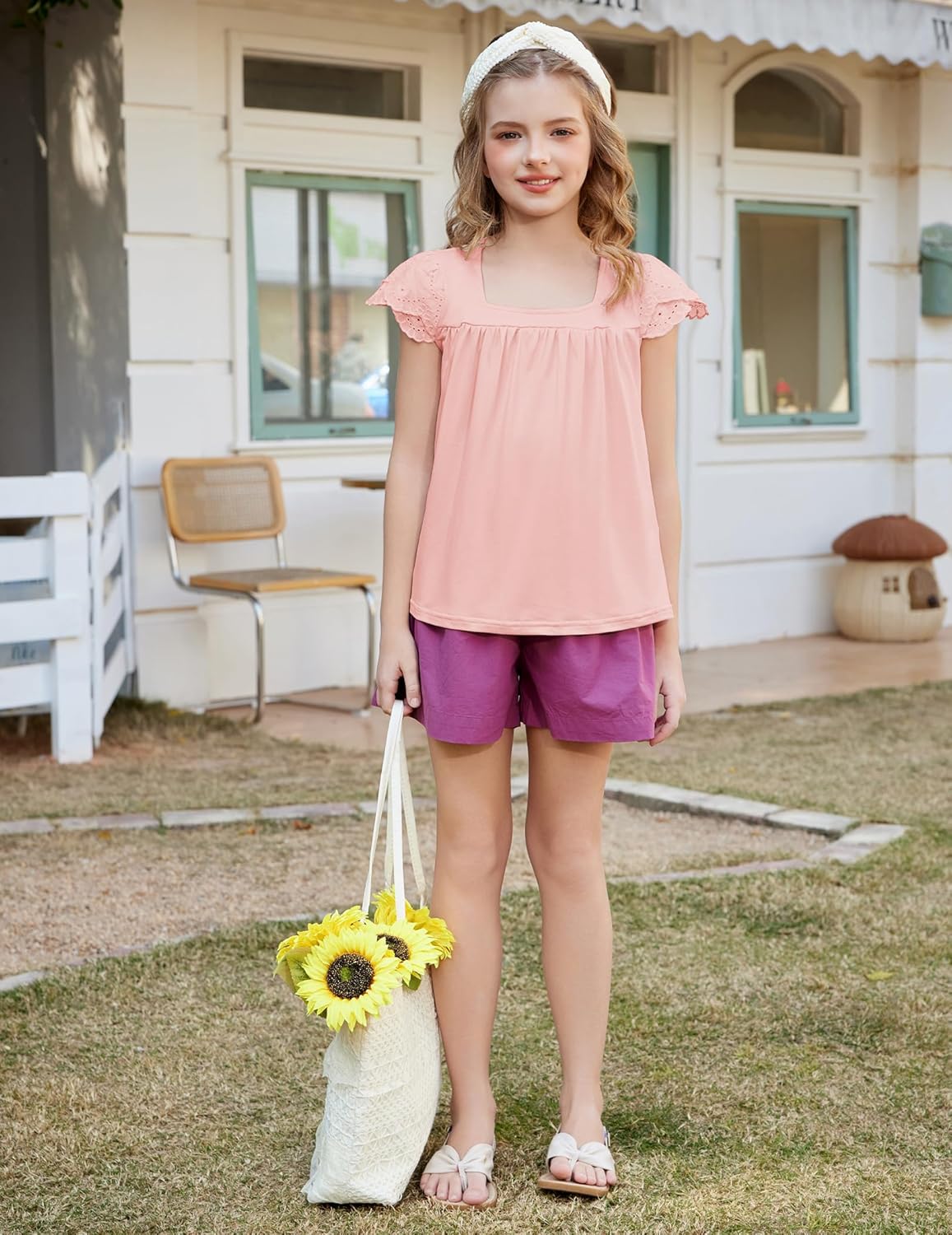 Arshiner Girls Shirts Short Sleeve Square Neck Summer Lace Openwork Pleated Tops Blouse Tunic - Image 3