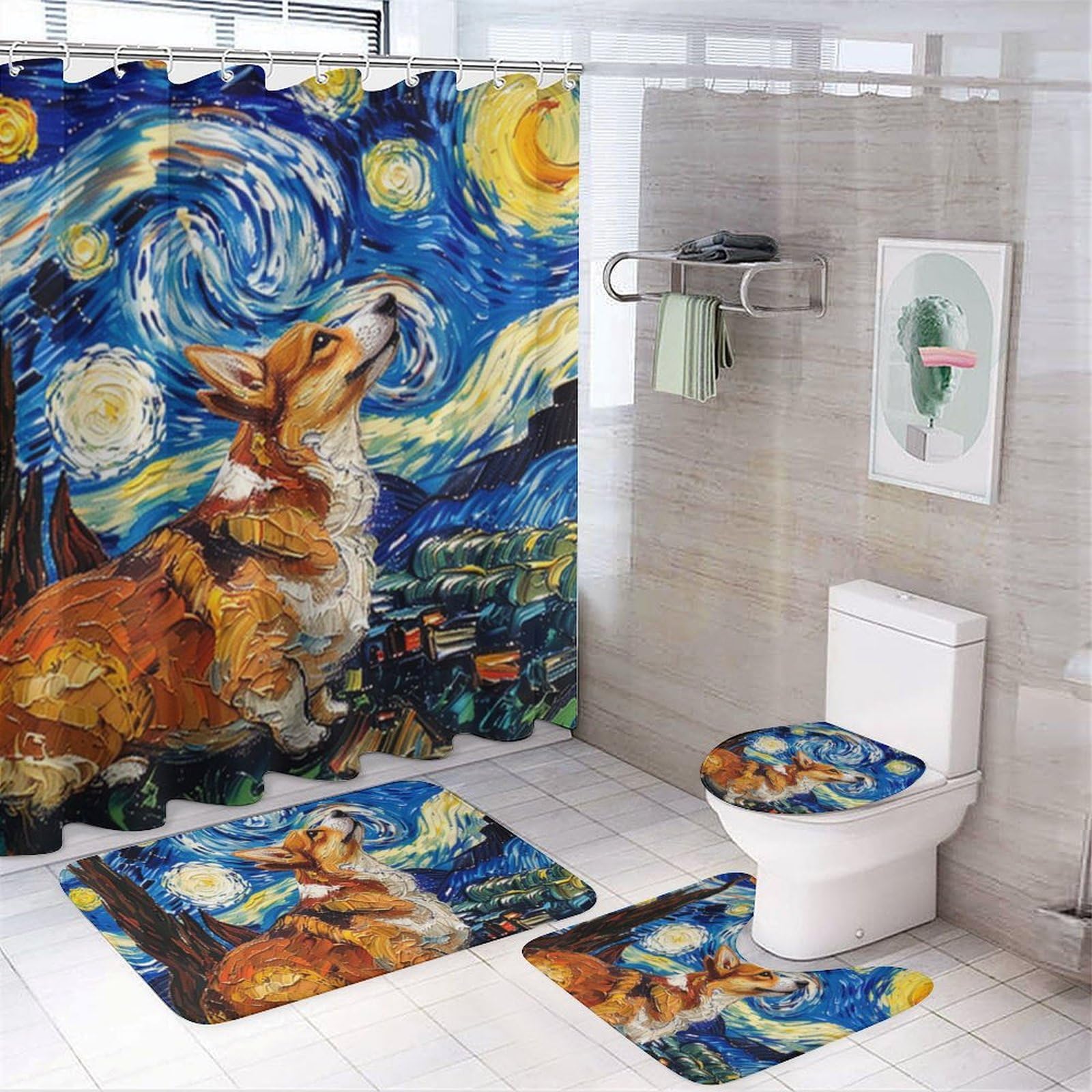 HDESDIS 4Pcs Abstract Corgi Shower Curtain Set with Rugs, Toilet Lid Cover and Bath Mat, Oil Painting Animal Dog Night Star Colorful Bathroom Curtains