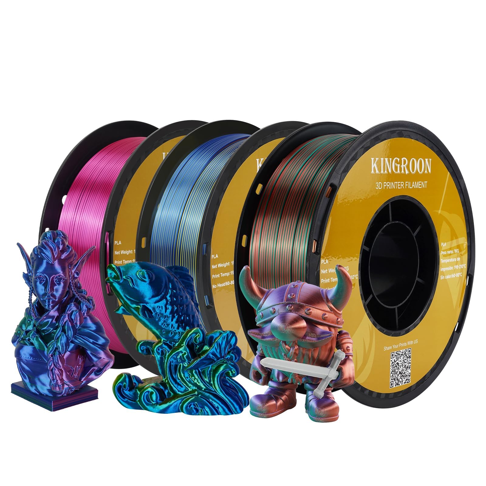 Kingroon3D Printer Filament PLA 3D Printer Filament, Polylactic Acid, 3 Rolls PLA Material, Silk, Multicoloured