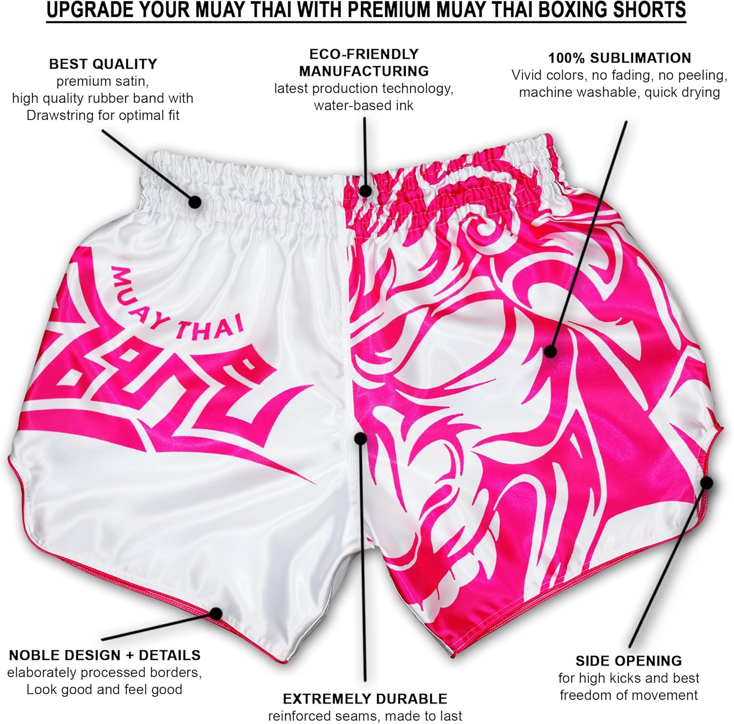 Muay Thai Shorts Samurai Tribal for Men & Women White Pink MMA Kickboxing Boxing Trunks