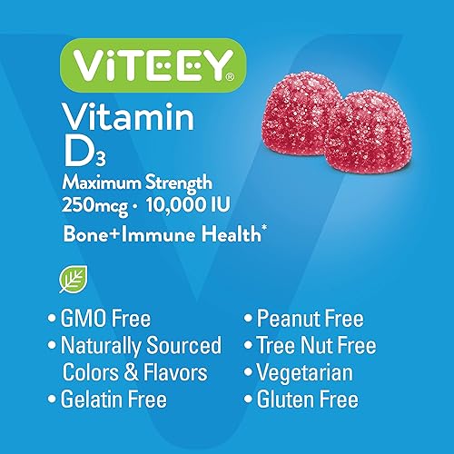 Miniatura 5 de Viteey Gomitas de vitamina D3 para adultos y adolescentes, 10,000 UI, 250 mcg, máxima fuerza, salud de las articulaciones y los músculos, refuerzo