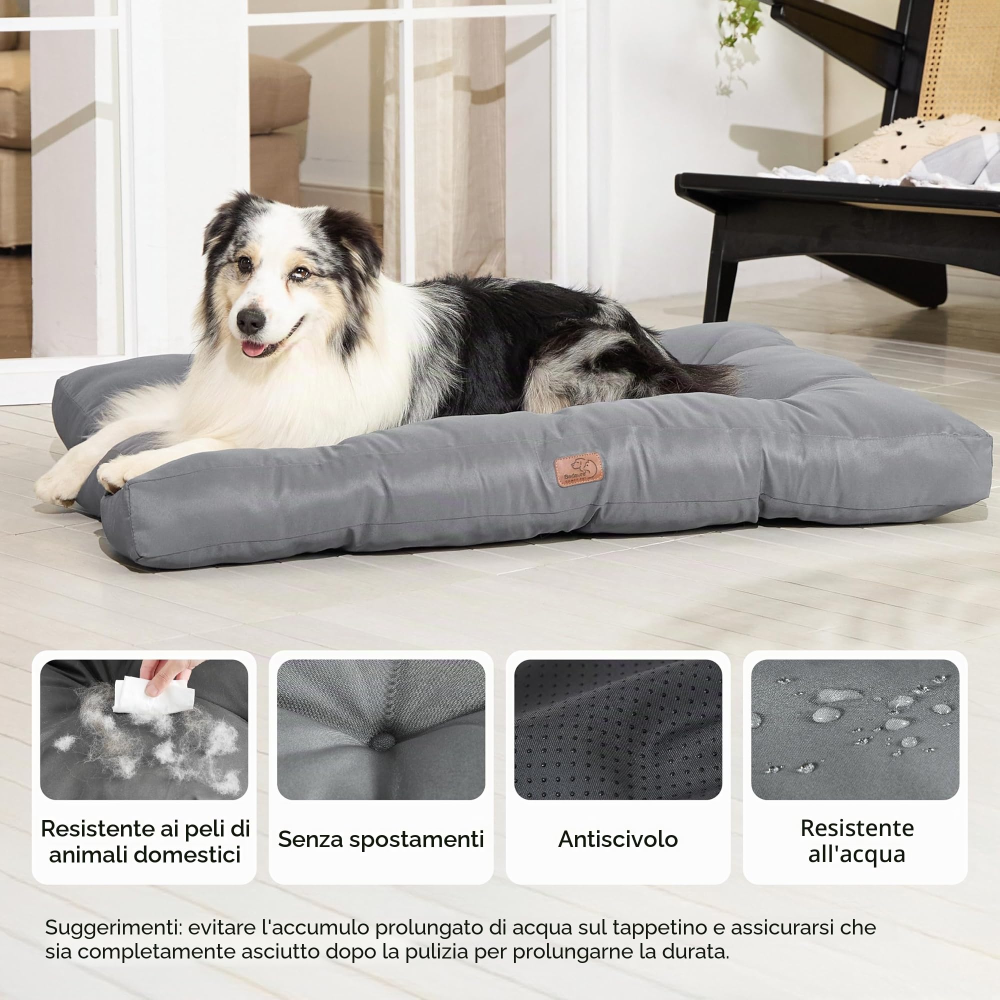 Bedsure Cesto per cani di grandi dimensioni, impermeabile, cuscino per cani in tessuto Oxford, materasso per letto per cani lavabile, grigio, 110 x 89 x 10 cm