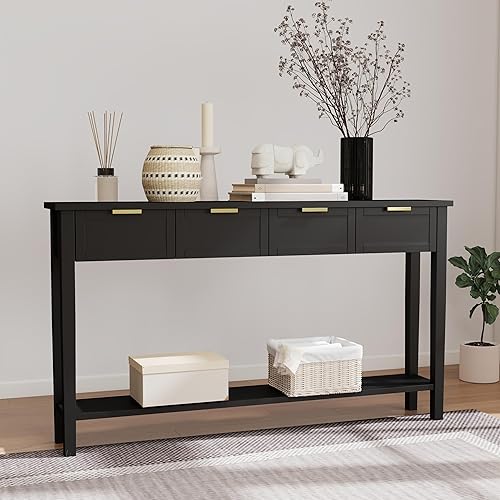 kinbor Mesa consola larga Mesa de sofá estrecha de 2 niveles con estante abierto y 4 cajones, moderna mesa de consola estrecha con almacenamiento