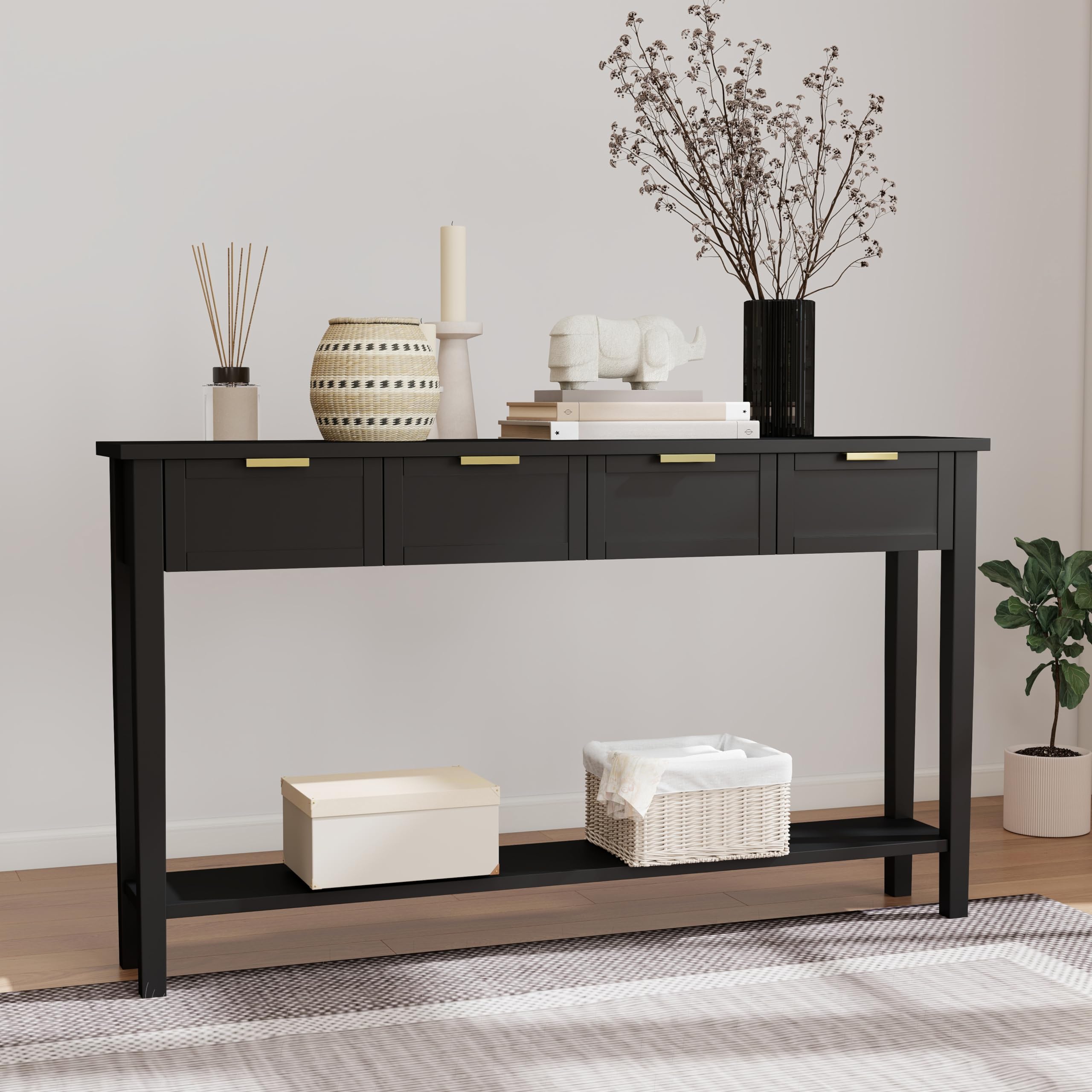 kinbor Long Console Table - 2-Tier Narrow Sofa Table with Open Shelf & 4 Drawers, Modern Narrow Console Table Entryway Table with Storage for Entryway Living Room Bedroom Kitchen, Black