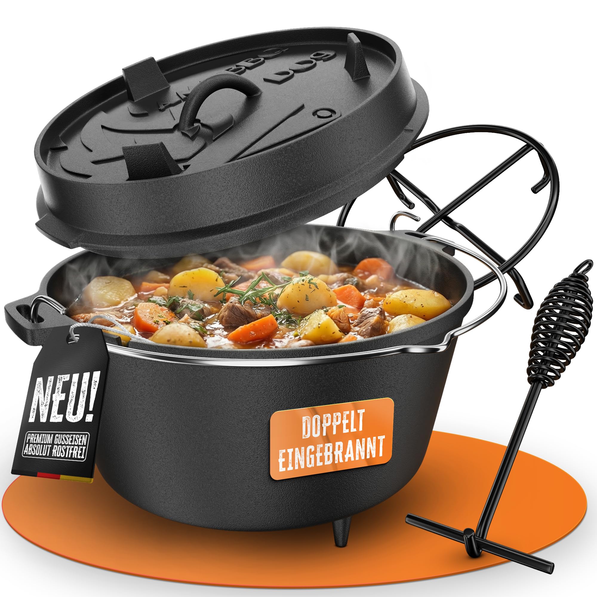 AMZBBQ® Premium Dutch Oven – Doppelt Eingebrannter Gusseisen Feuertopf – Rostbeständiger Schmortopf für Grill, Briketts, Lagerfeuer & Outdoor – inkl. Deckelheber – 9 Liter & Mit Füße
