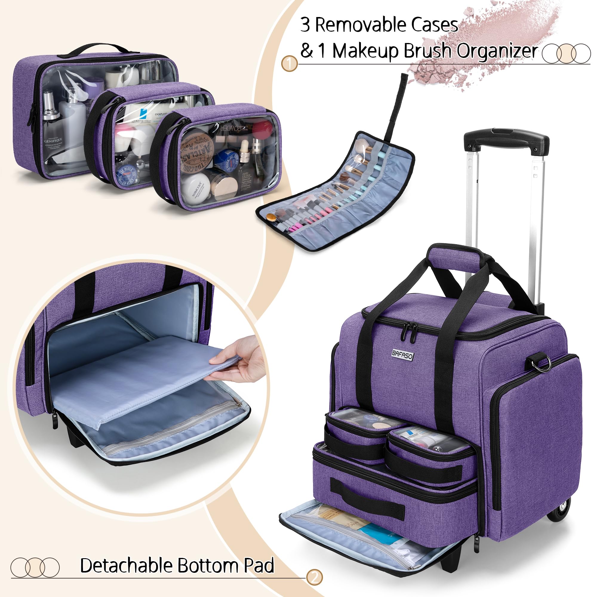 BAFASO Kosmetikkoffer Trolley, Make up Koffer Groß, Schminkkoffer Damen mit Rollen, Abnehmbar Kosmetikkoffer Trolley für Make up, Lila