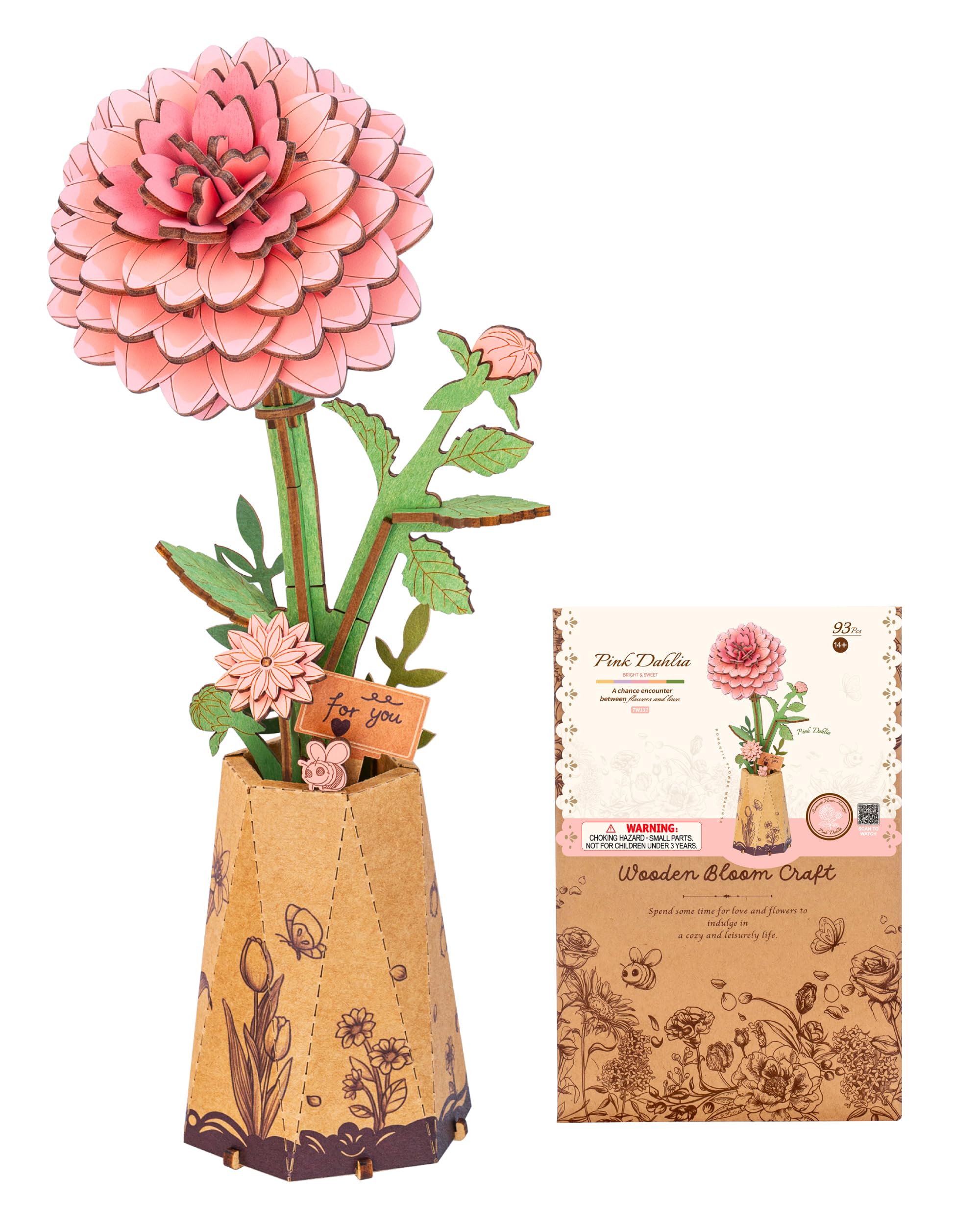 ROBOTIME 3D Wooden Pink Dahlia Flower, DIY Craft Model Kit for Adults, Advanced Puzzle Set with 93 Pieces, Artificial Bloom Display, 24.5 x 16.5 x 7 cm