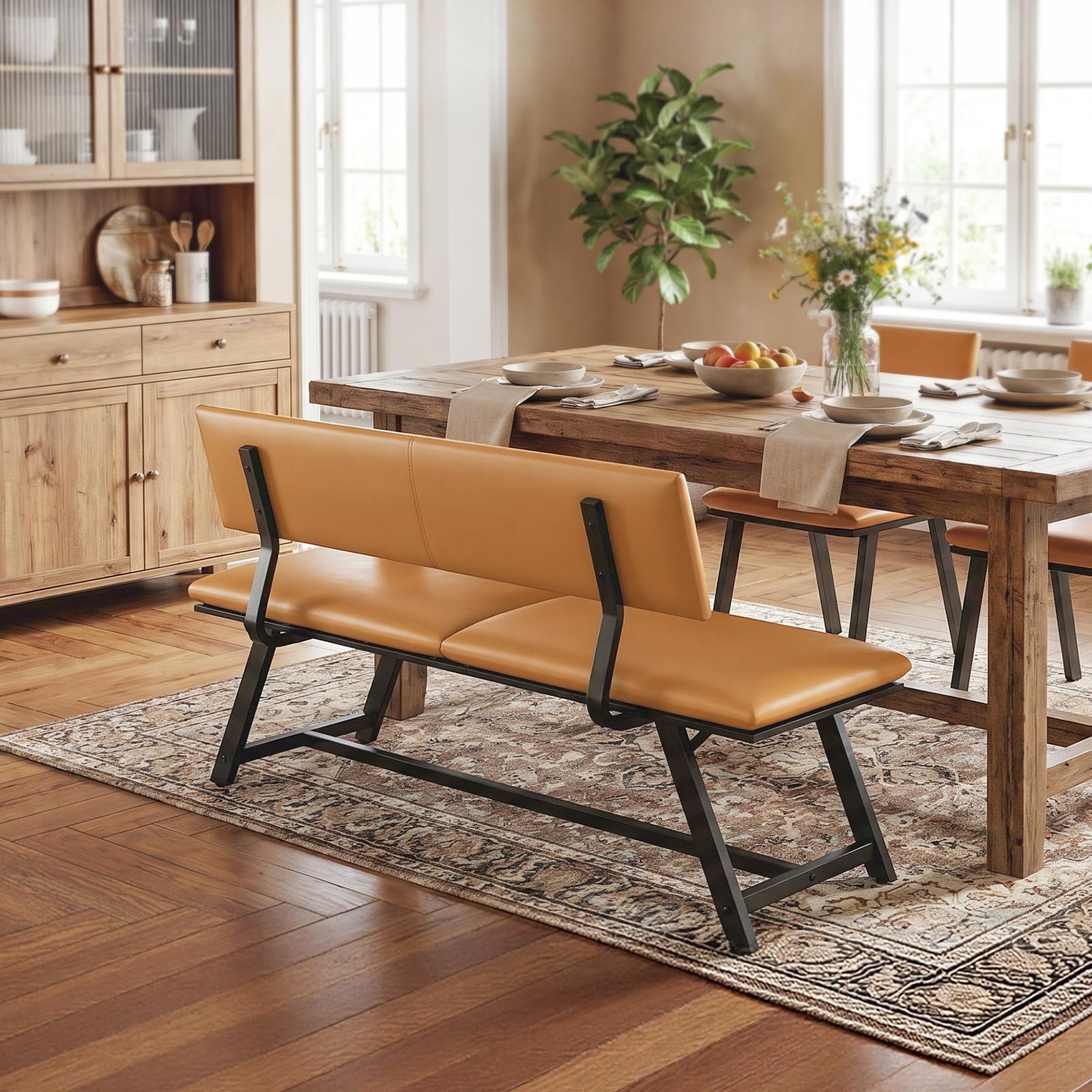 HOOBRO Banco con Respaldo, Asiento con Respaldo para Comedor Acolchado en PU, Banco de Comedor, Capacidad para 2-3 Personas, Apto para Comedor, Cocina, Salón, Pasillo, Marrón y Negro ECB18CD01
