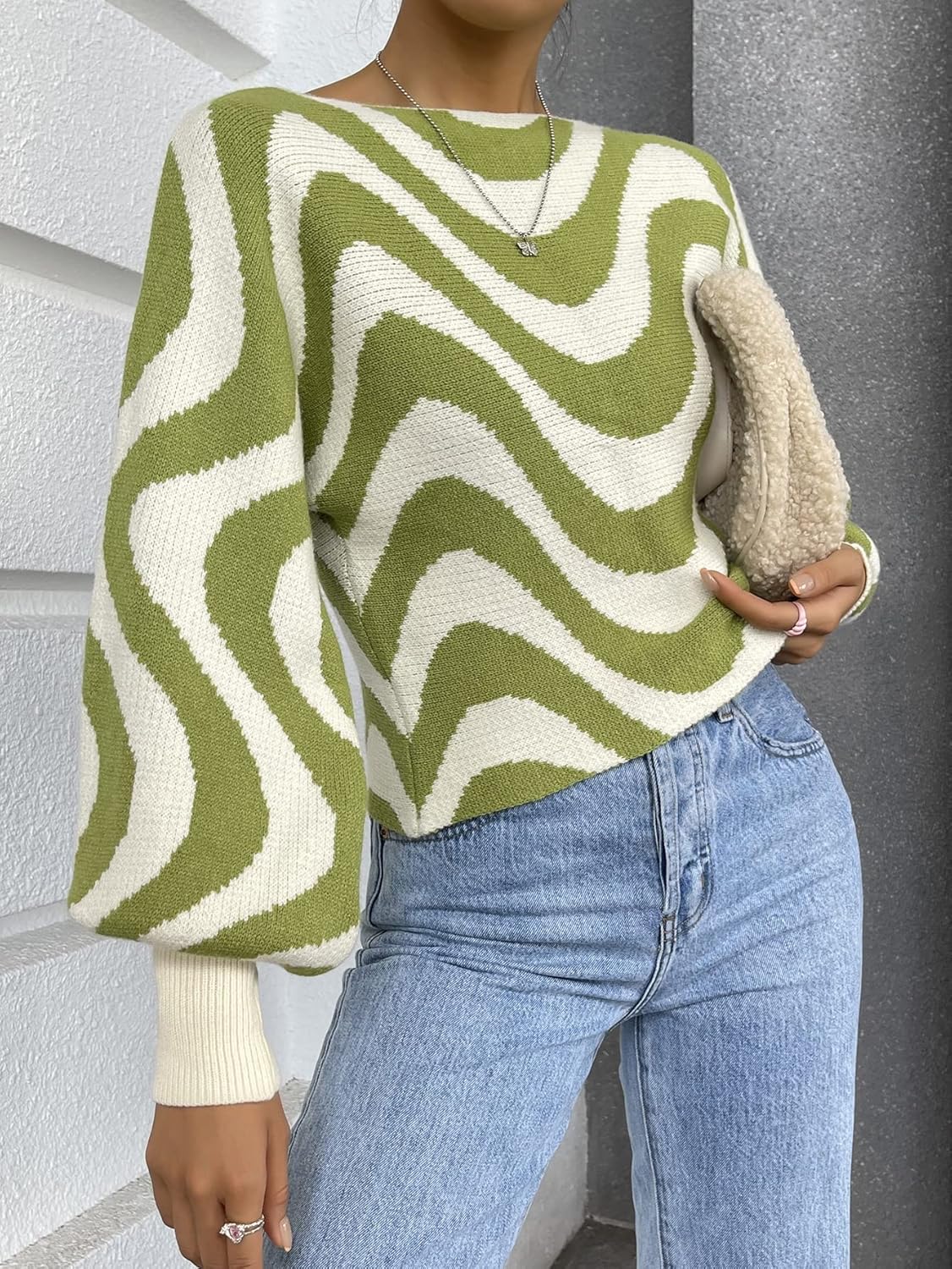 Women's Sweater Wave Stripe Pattern Lantern Sleeve Sweater Sweater for Women (Color : Multicolor, Size : Medium)