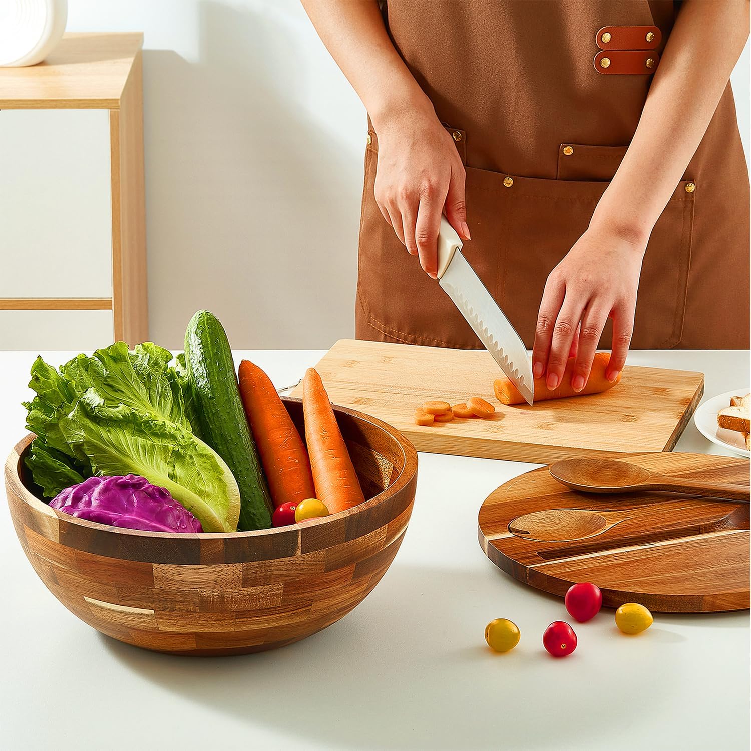 JOYMAY Salad Bowls Wood Salad Bowl Set with Lid 11.8 Inch Large Wooden Bowls Set Acacia Wood Serving-Bowl with Serving Utensils Bowl for Kitchen, Dining, Party - Image 5