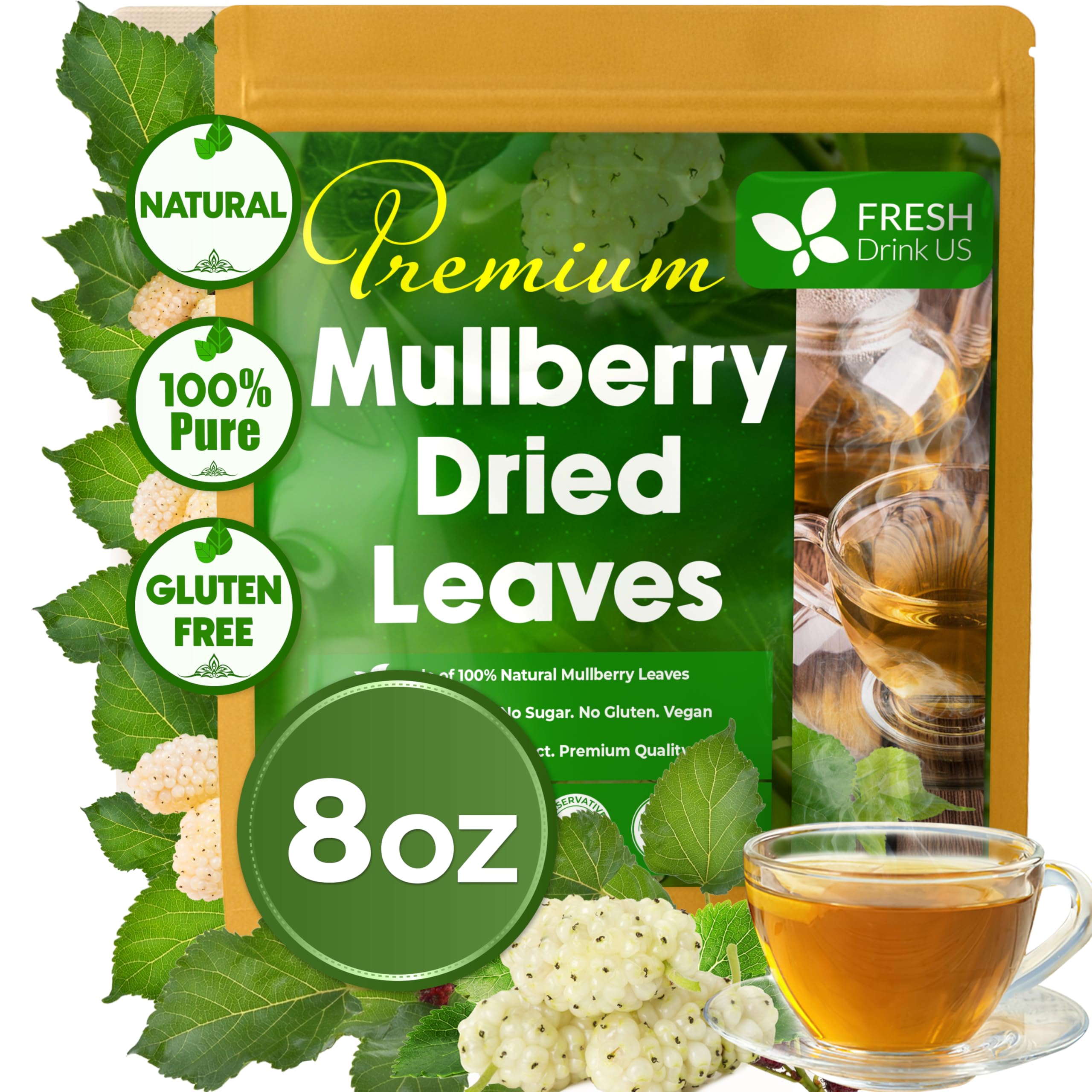 FreshDrinkUS Premium 8oz Mulberry Leaves, 100% Natural & Pure, Mulberry Leaf Tea, No Additives, No Caffeine, Vegan