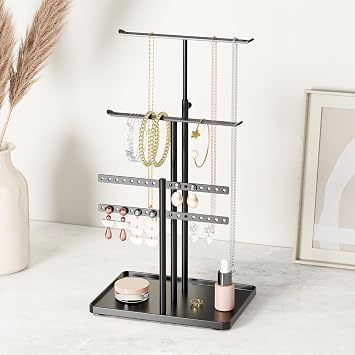 susswiff Jewelry Holder Organizer Stand - Adjustable Jewelry Tree 17.5 Height (Max), Jewlery Hanger for Necklaces, Bracelets, Earrings, Aesthetic for Storage and Display, Metal, Black