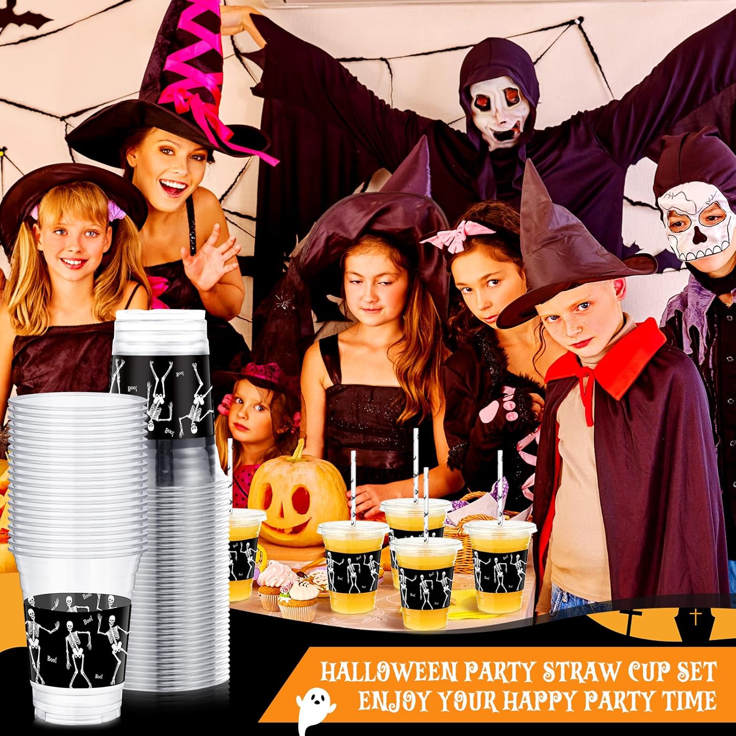 meekoo 50 Sets Skeleton Cup with Flat Lids and Straws 12 oz White Black Skeleton Bone Plastic Cups Clear Drink Disposable Cups with Lids for Halloween Decoration Mega Haunted House - Image 5