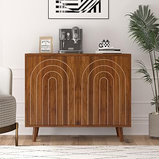 Walnut Weselon Accent Cabinet with Carving Lines, Adjustable Shelves - Modern Buffet Sideboard for Bedroom, Living Room, Kitchen