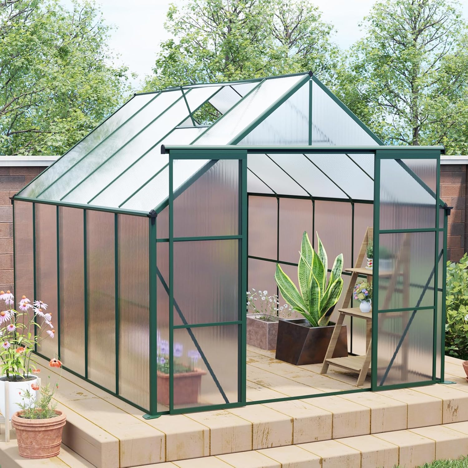 8x10FT Double Door Polycarbonate Greenhouse Raised Base and Anchor Aluminum Heavy Duty Walk in Greenhouses for Outdoor Backyard in All Season,Green