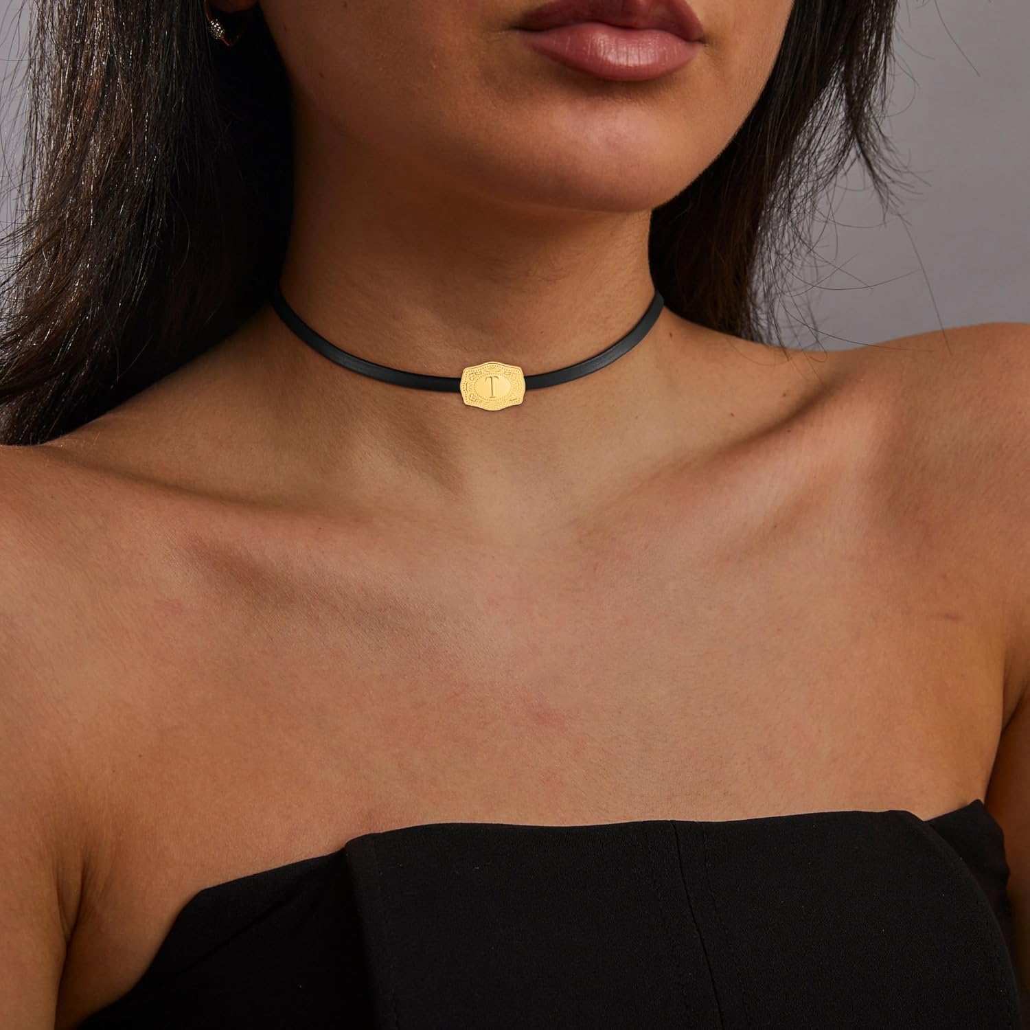 Gold/Silver Initial Necklaces for Women, Trendy 14k Gold Plated Embossed Belt Buckle Choker Initial Necklace A-Z Pendant Letter Black Leather Necklace Non Tarnish Jewelry for Women Gift - Image 2