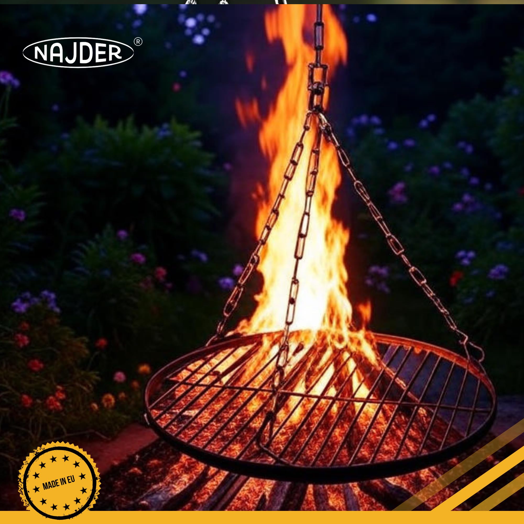 NAJDER Set de Grille Ronde en Acier Inoxydable Ø600 mm avec Chaîne de Suspension Ø3 mm, Grille Ronde pour Barbecue Pivotant avec Jeu de Chaînes, Émerillon et Mousqueton, pour Barbecue Suspendu