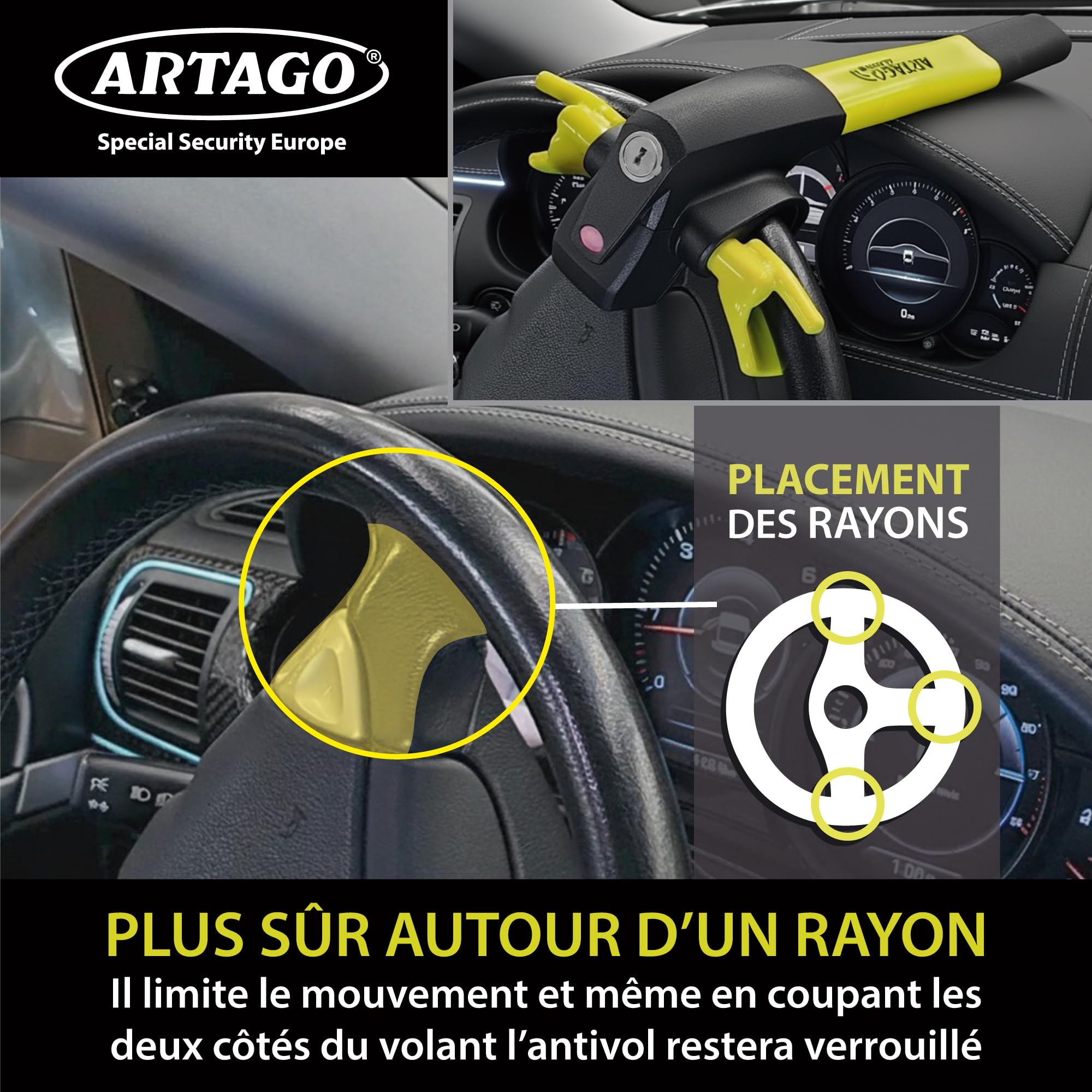 ARTAGO 870 Antivol Voiture Haut de Gamme, Canne Antivol Voiture 2en1 | Alarme Intelligente, 120dB, LED Nuit, Warning Dissuasif | Bloque Volant Plus Sûr Autour d'un Rayon, Meilleure Barre Bloc Auto SUV