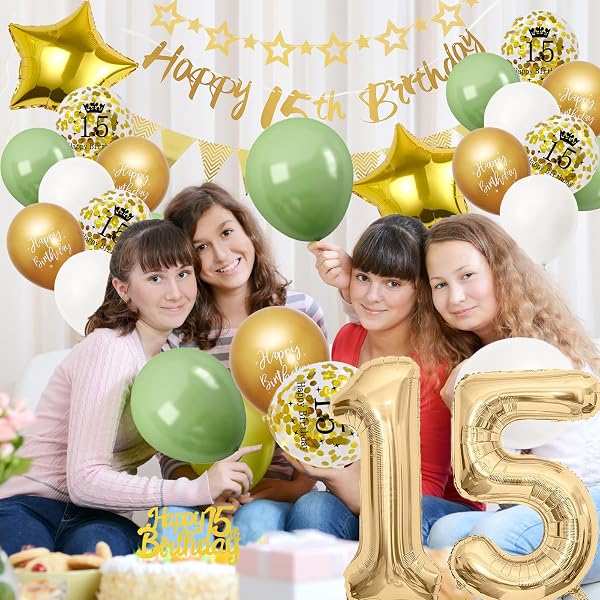 Ballon Anniversaire 15 Ans Vert Or, Décoration Anniversaire pour Fille et Garçon - 2